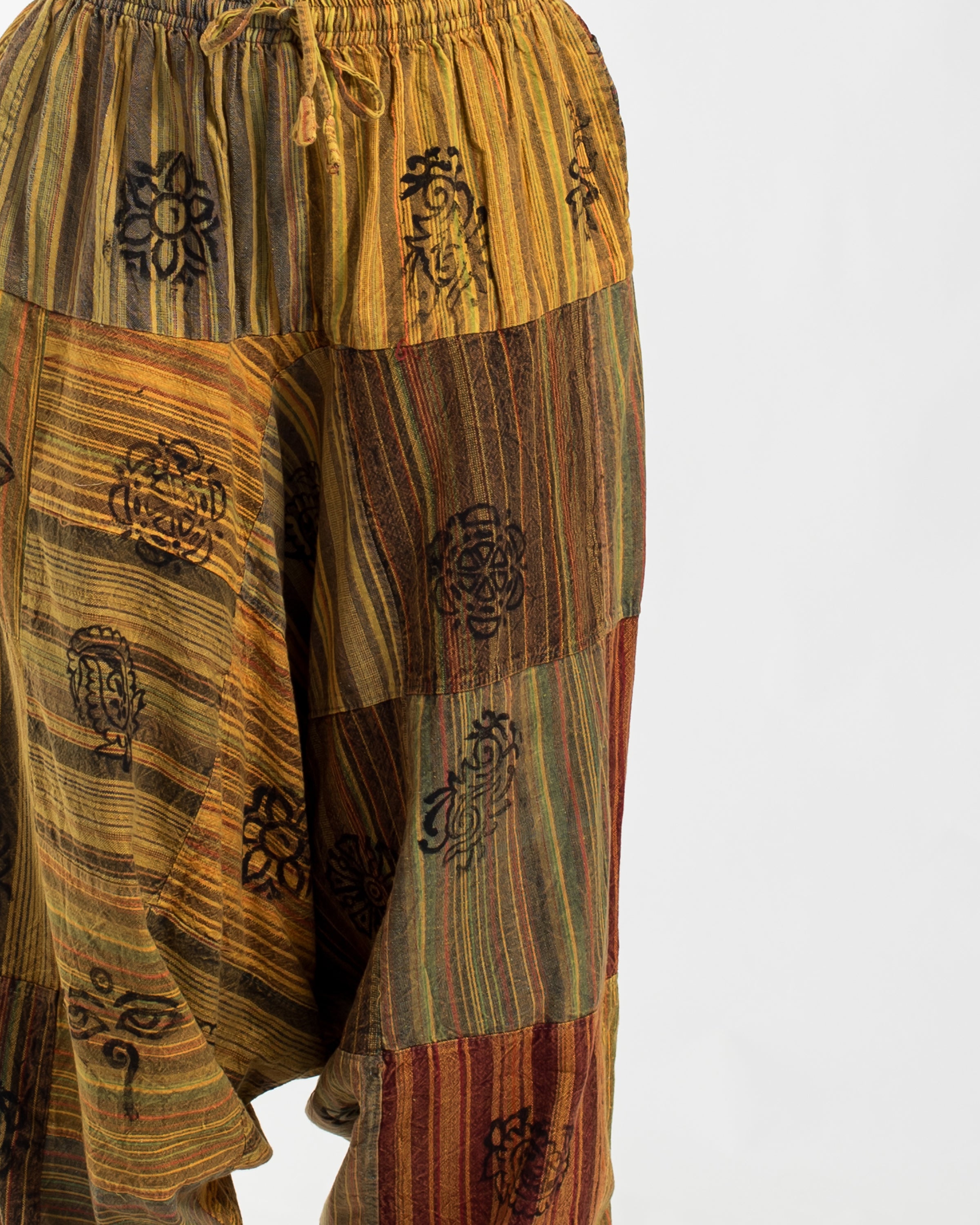 Women's Patchwork Block-Printed Low Cut Harem Pants in Yellow