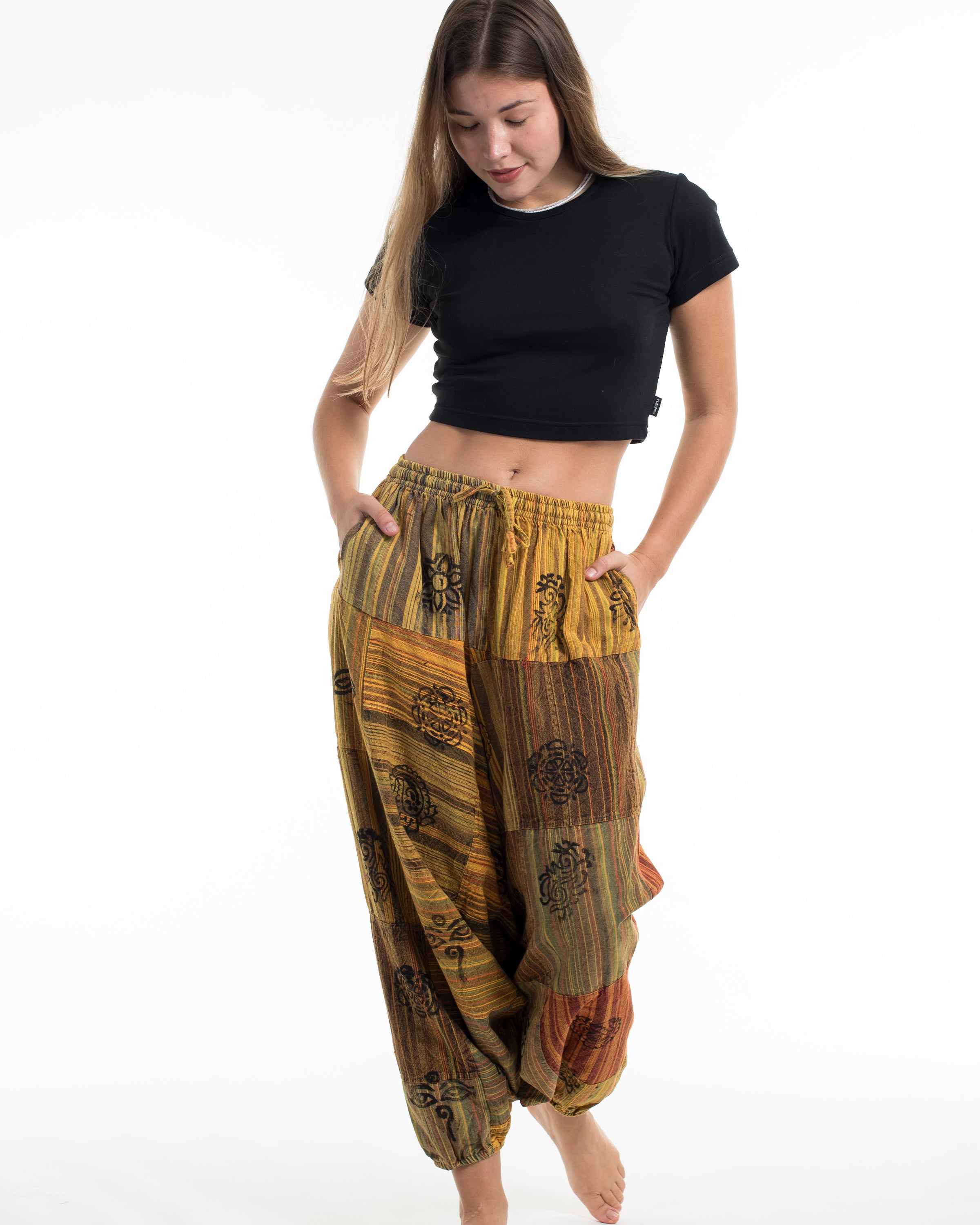 Women's Patchwork Block-Printed Low Cut Harem Pants in Yellow