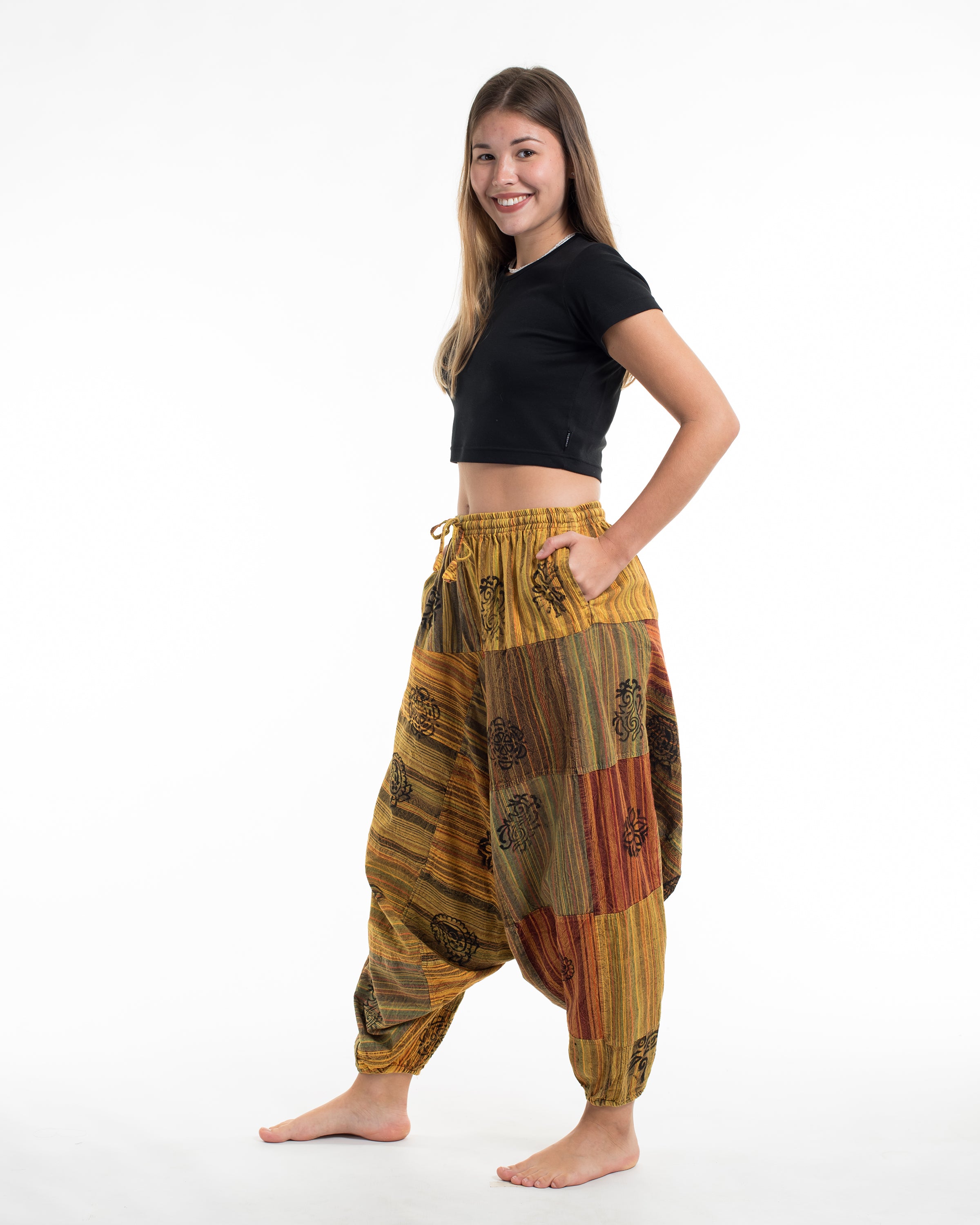 Women's Patchwork Block-Printed Low Cut Harem Pants in Yellow