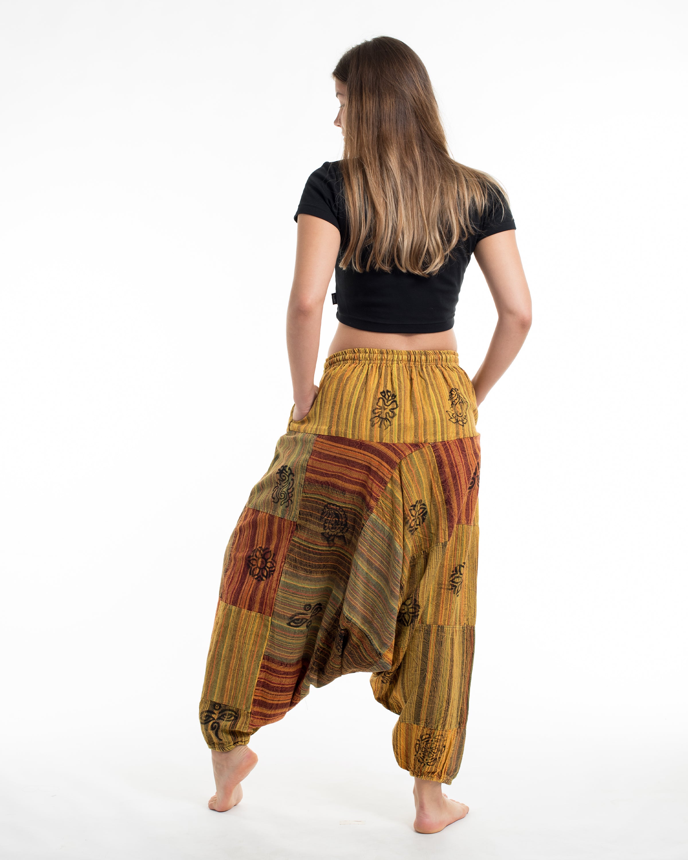 Women's Patchwork Block-Printed Low Cut Harem Pants in Yellow