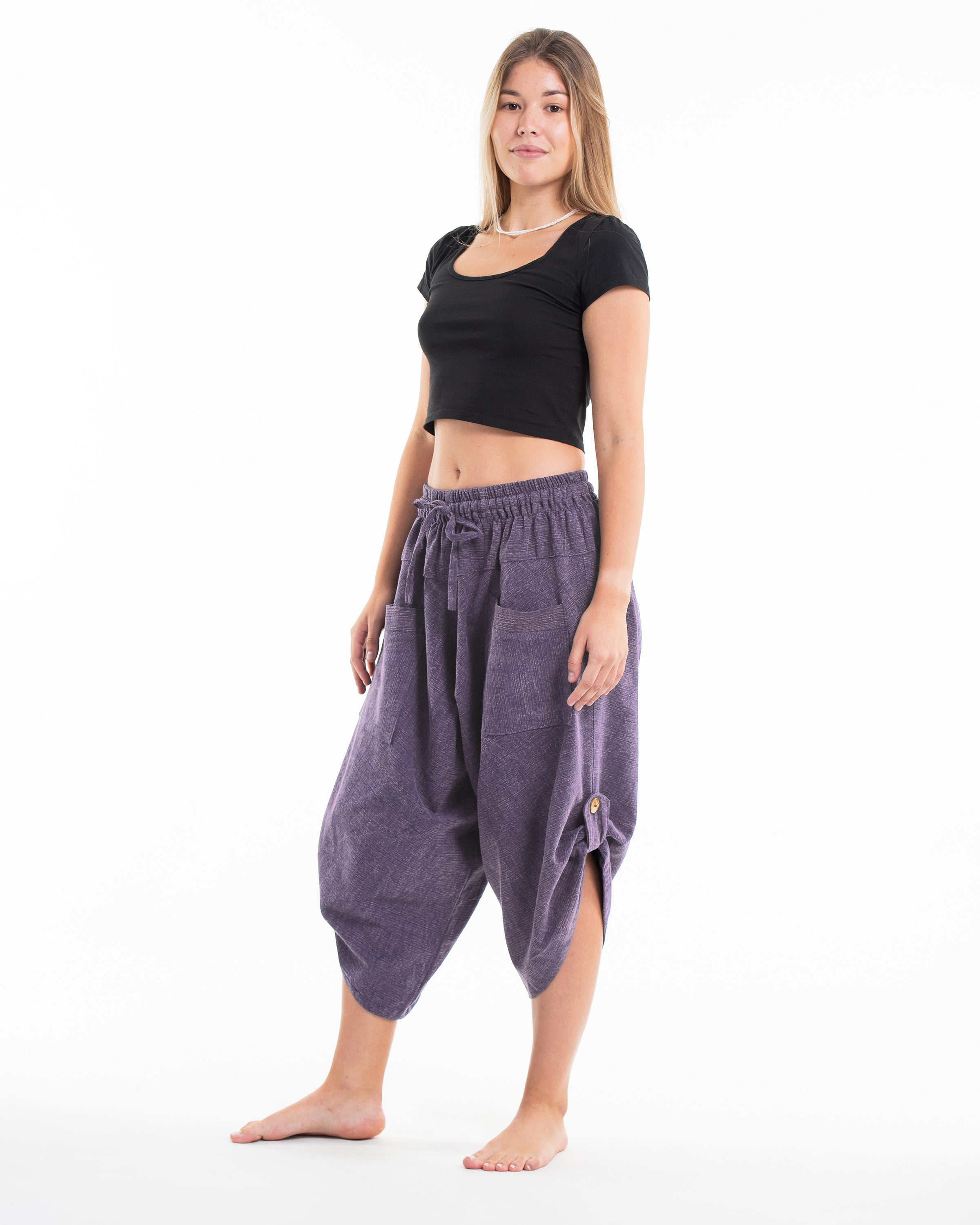 Stone Washed Large Pockets Women's Harem Pants in Purple