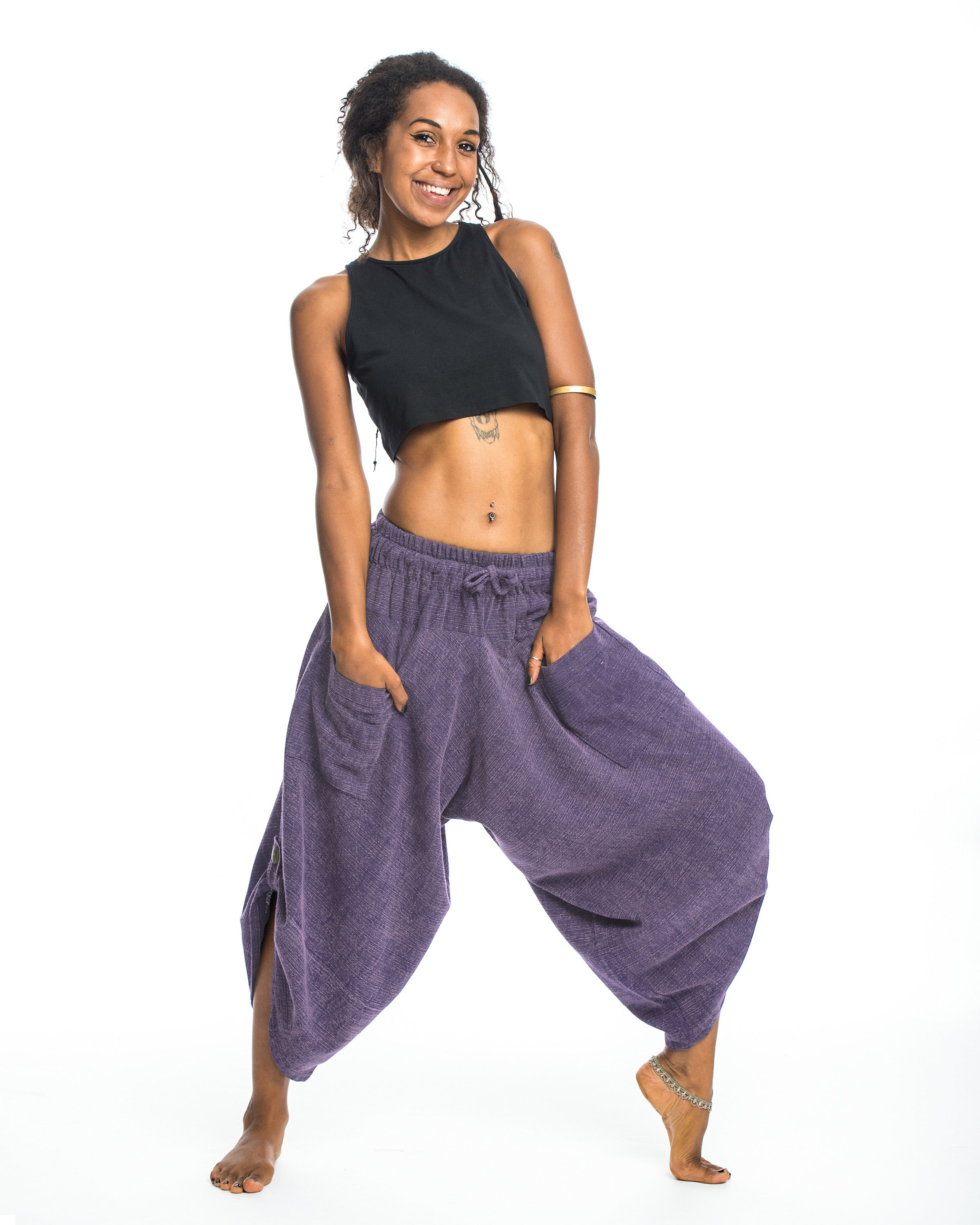 Stone Washed Large Pockets Women's Harem Pants in Purple
