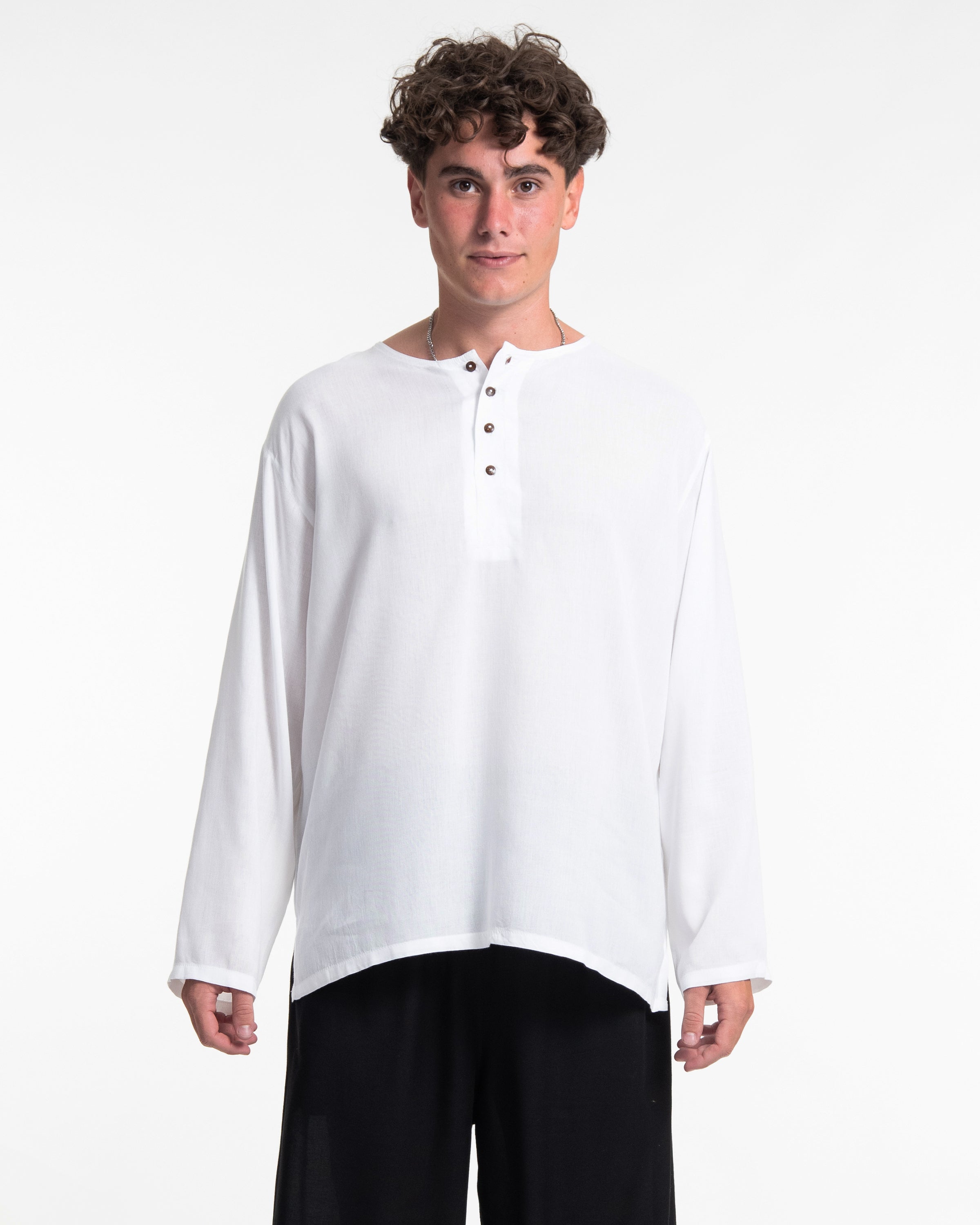 Mens Yoga Shirts No Collar with Coconut Buttons in White