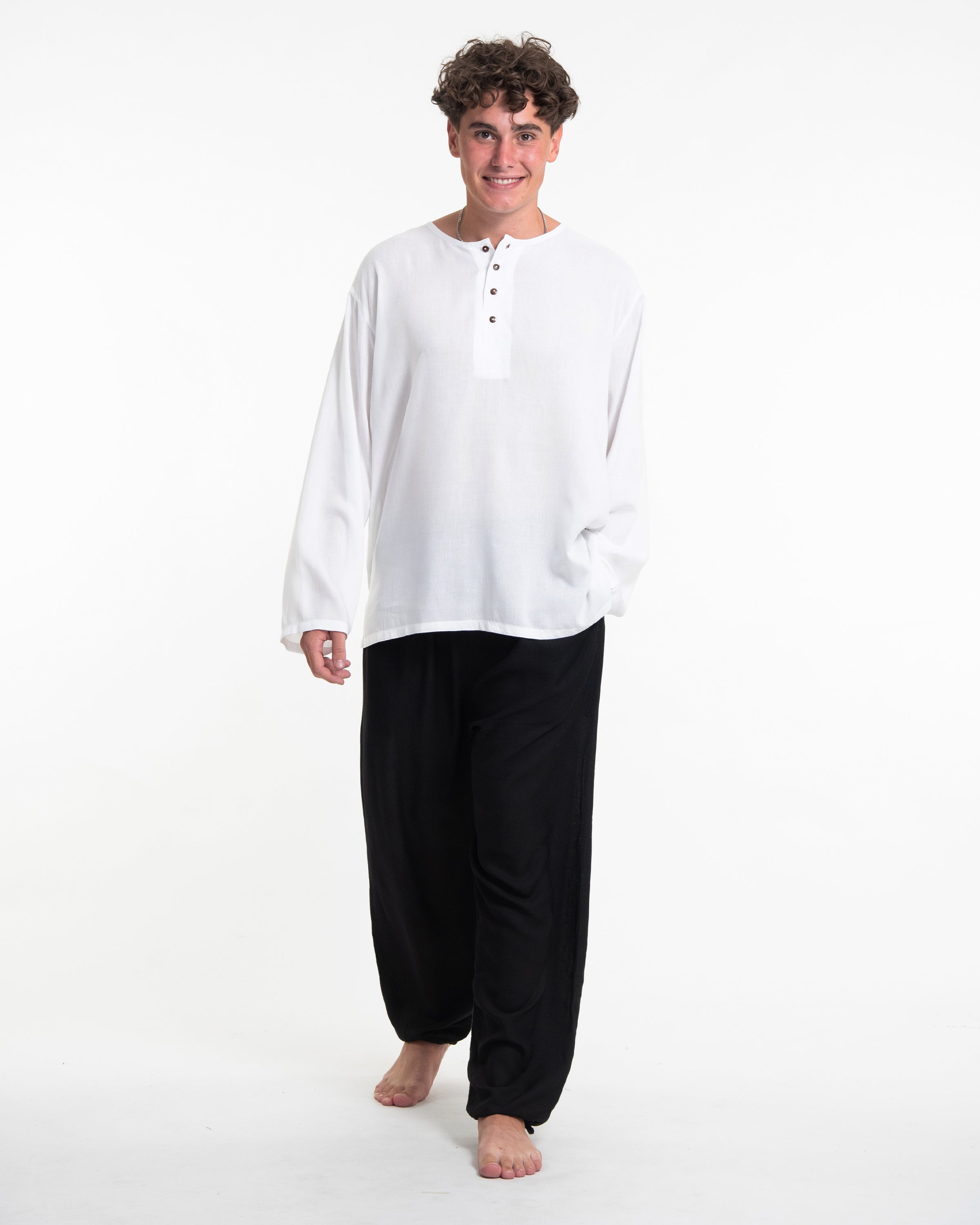 Mens Yoga Shirts No Collar with Coconut Buttons in White