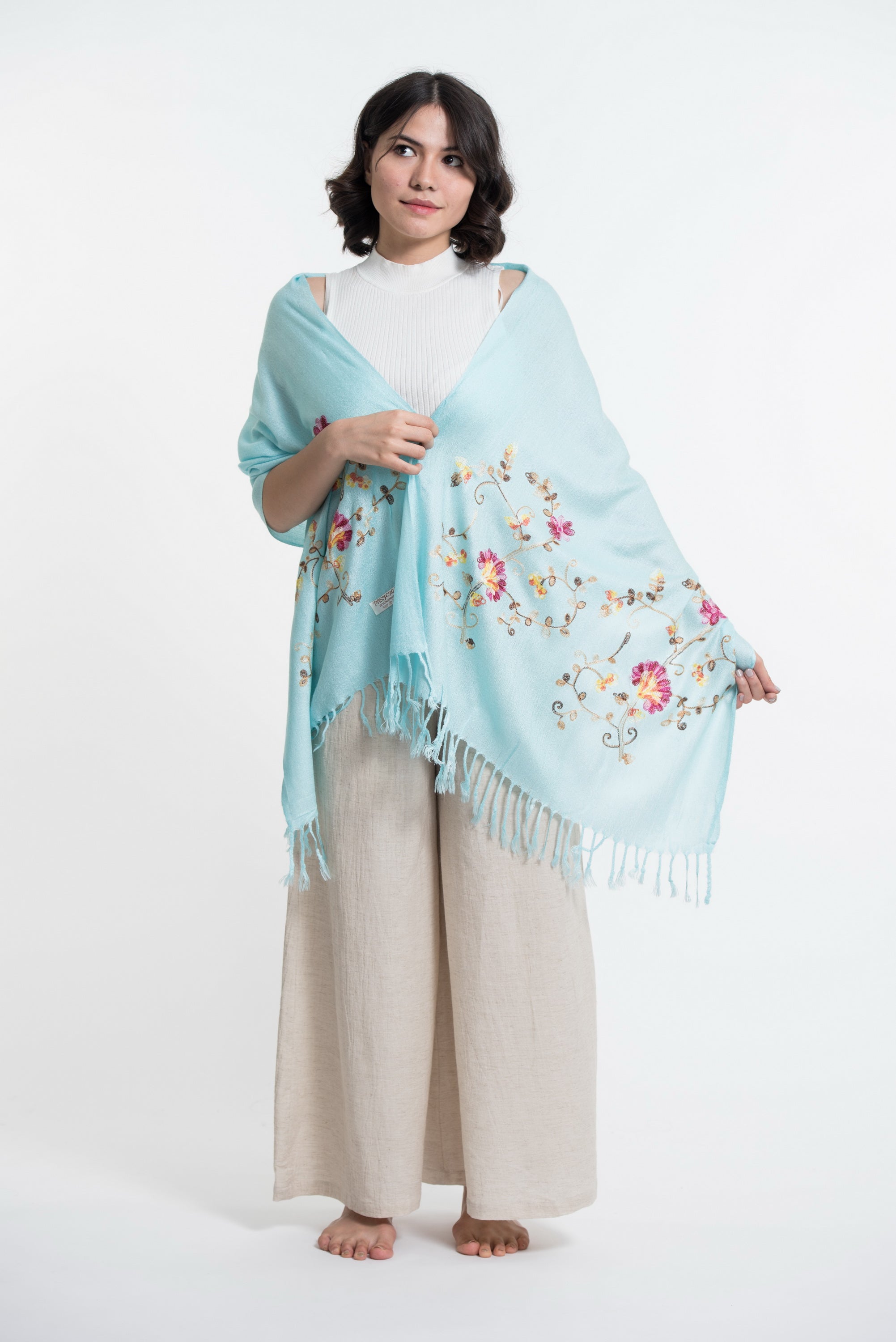 Nepal Floral Embroidered Pashmina Shawl Scarf in Blue