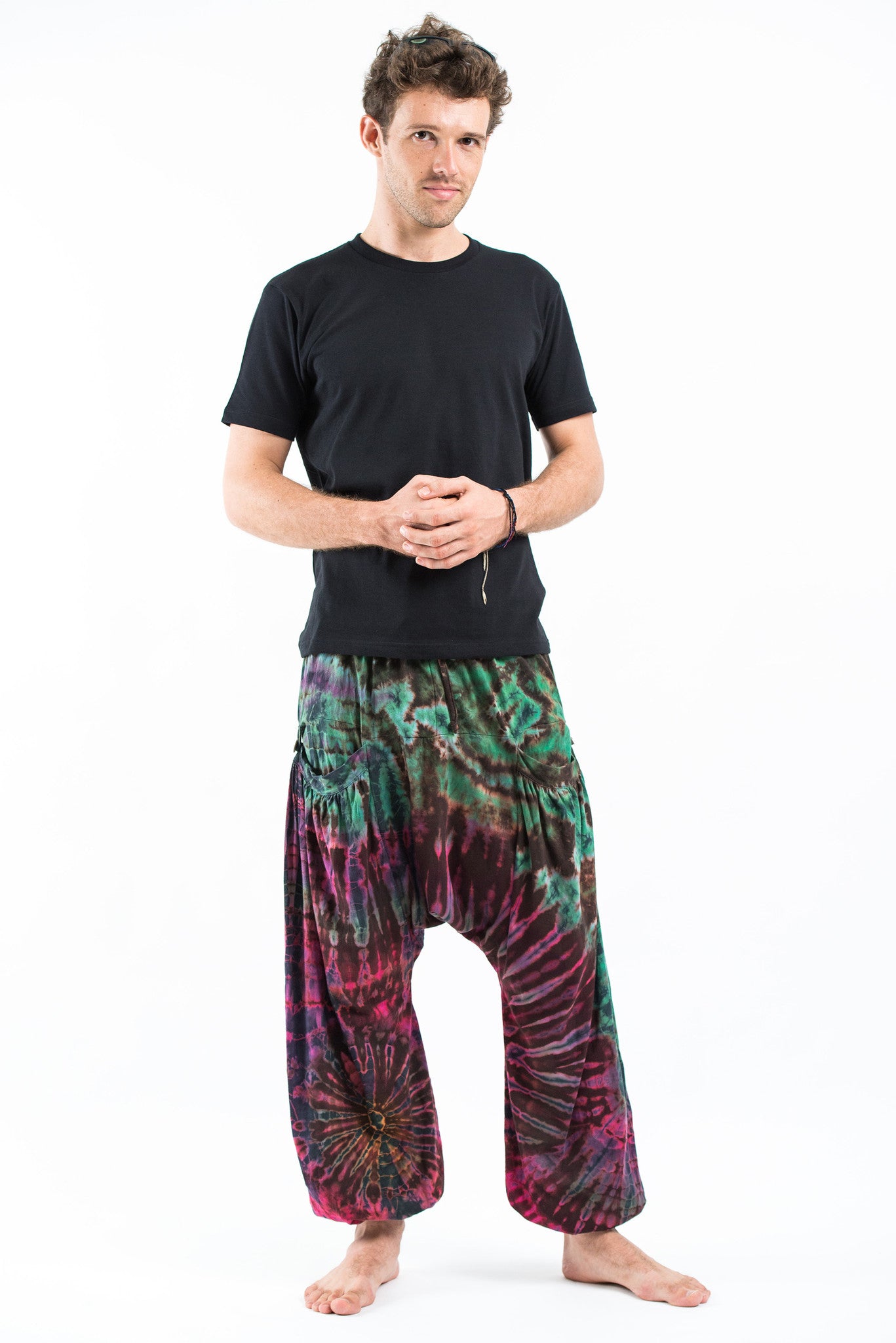 Tie Dye Cotton Men Harem Pants in Magenta Green