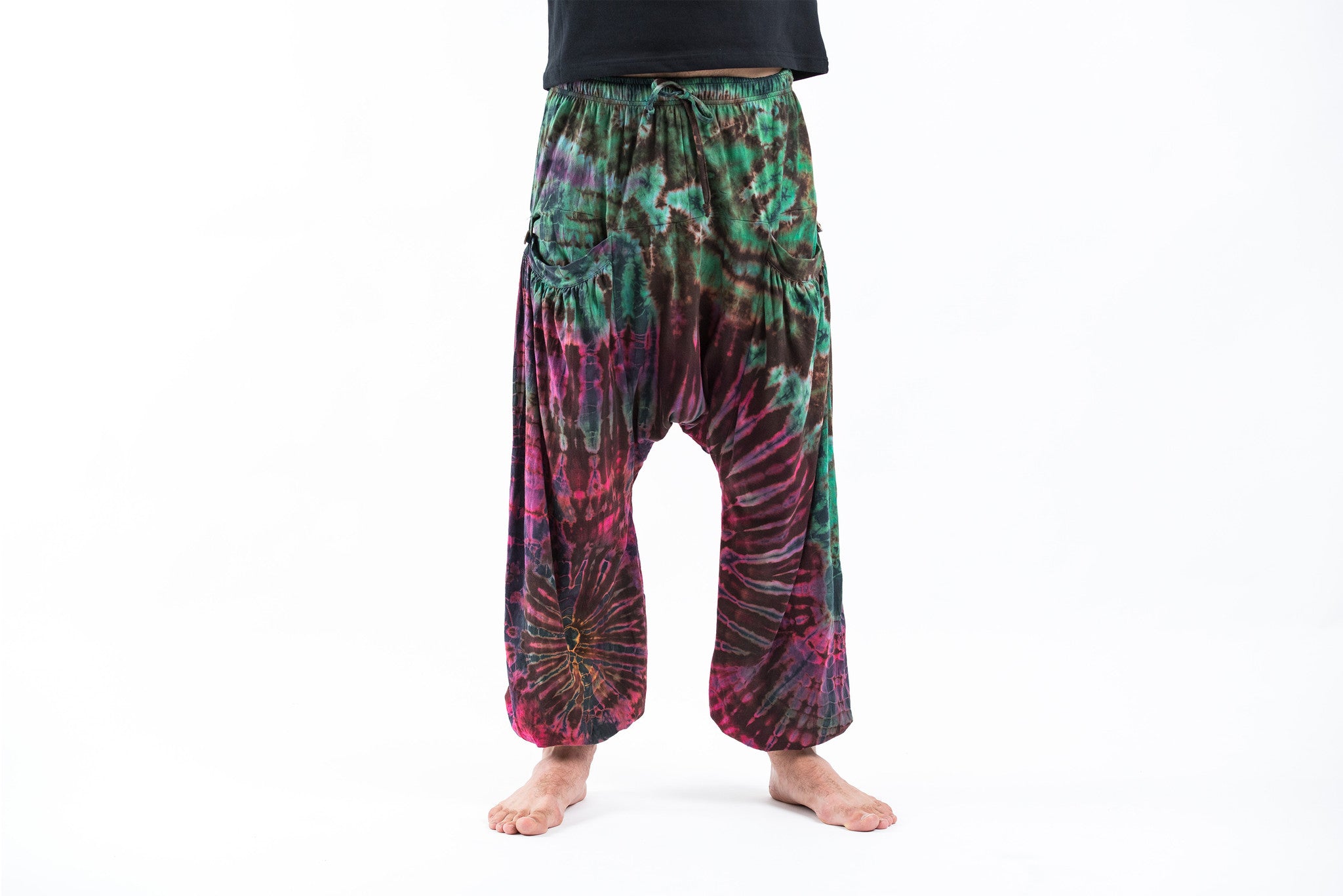 Tie Dye Cotton Men Harem Pants in Magenta Green