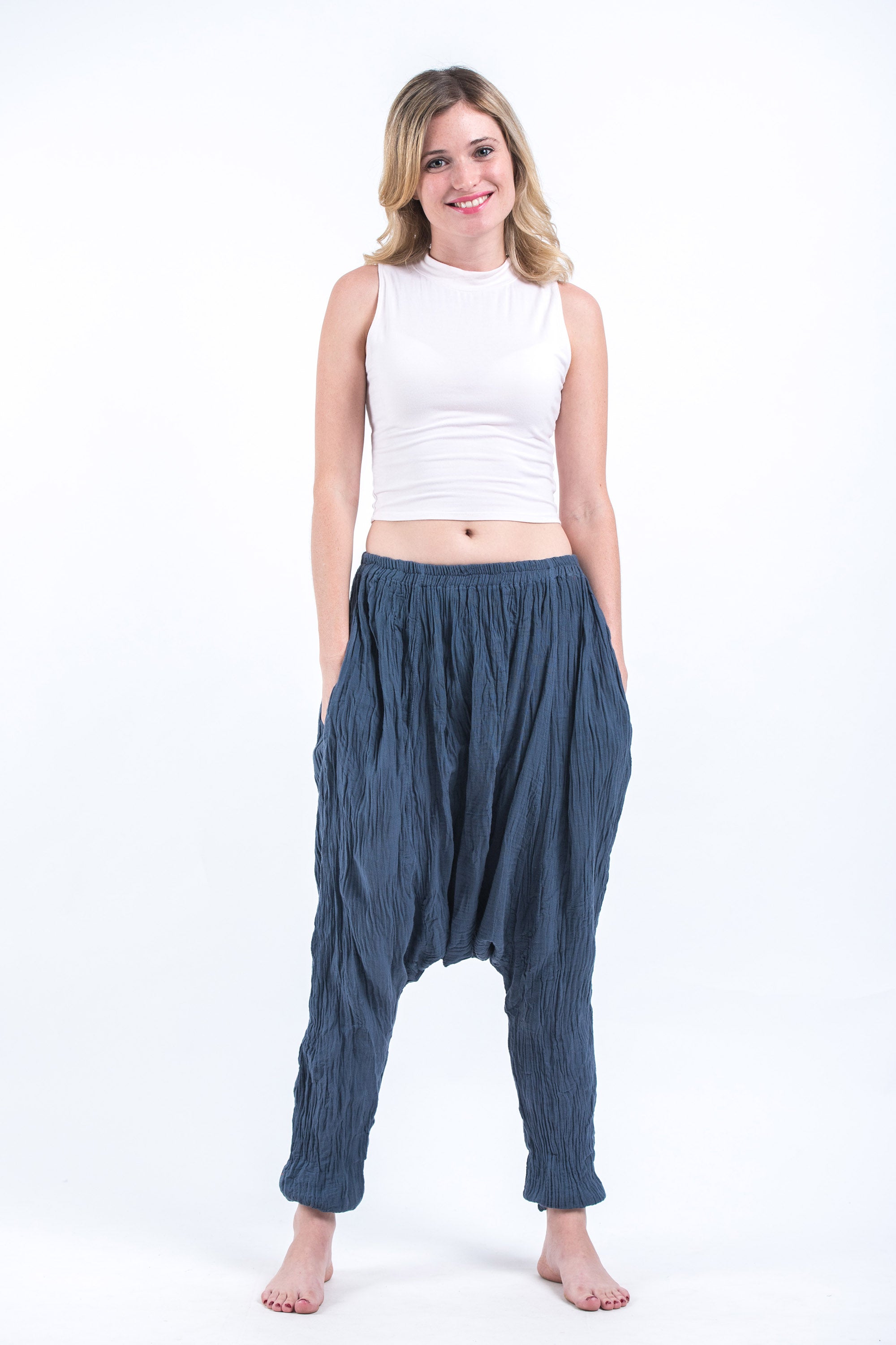 Women's Crinkled Hill Tribe Cotton Harem Pants in Blue Gray