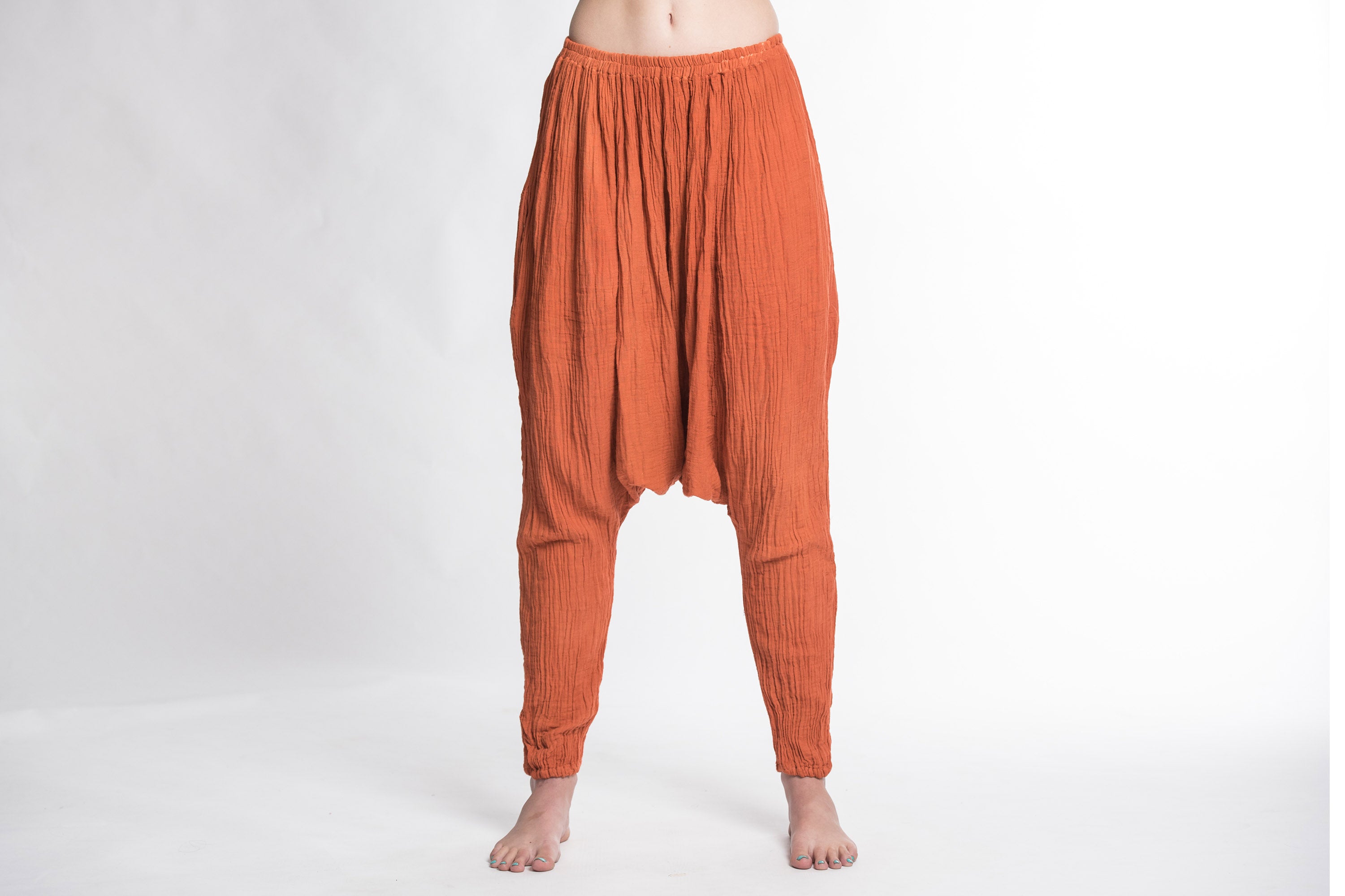 Women's Crinkled Hill Tribe Cotton Harem Pants in Orange