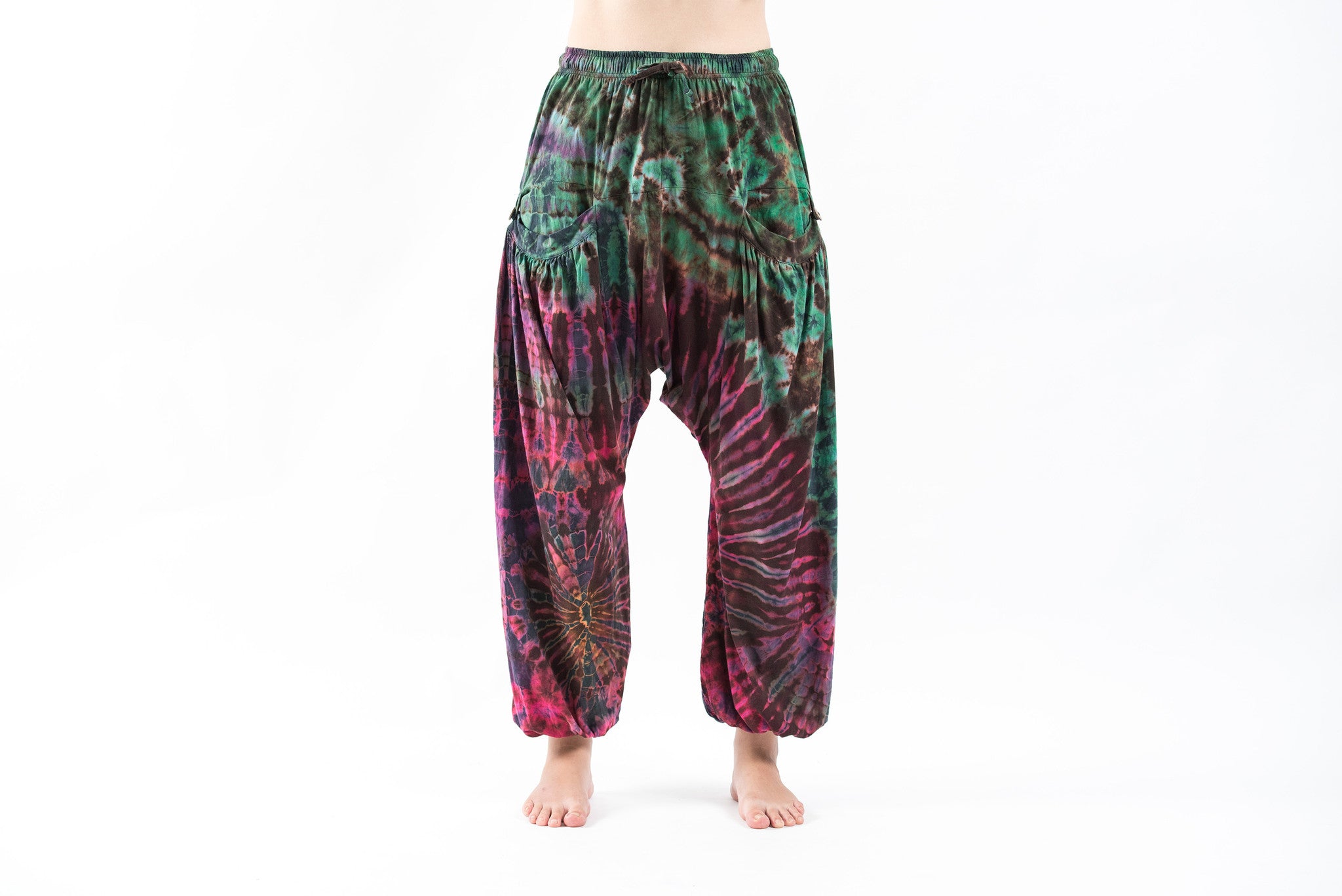 Tie Dye Cotton Women Harem Pants in Magenta Green