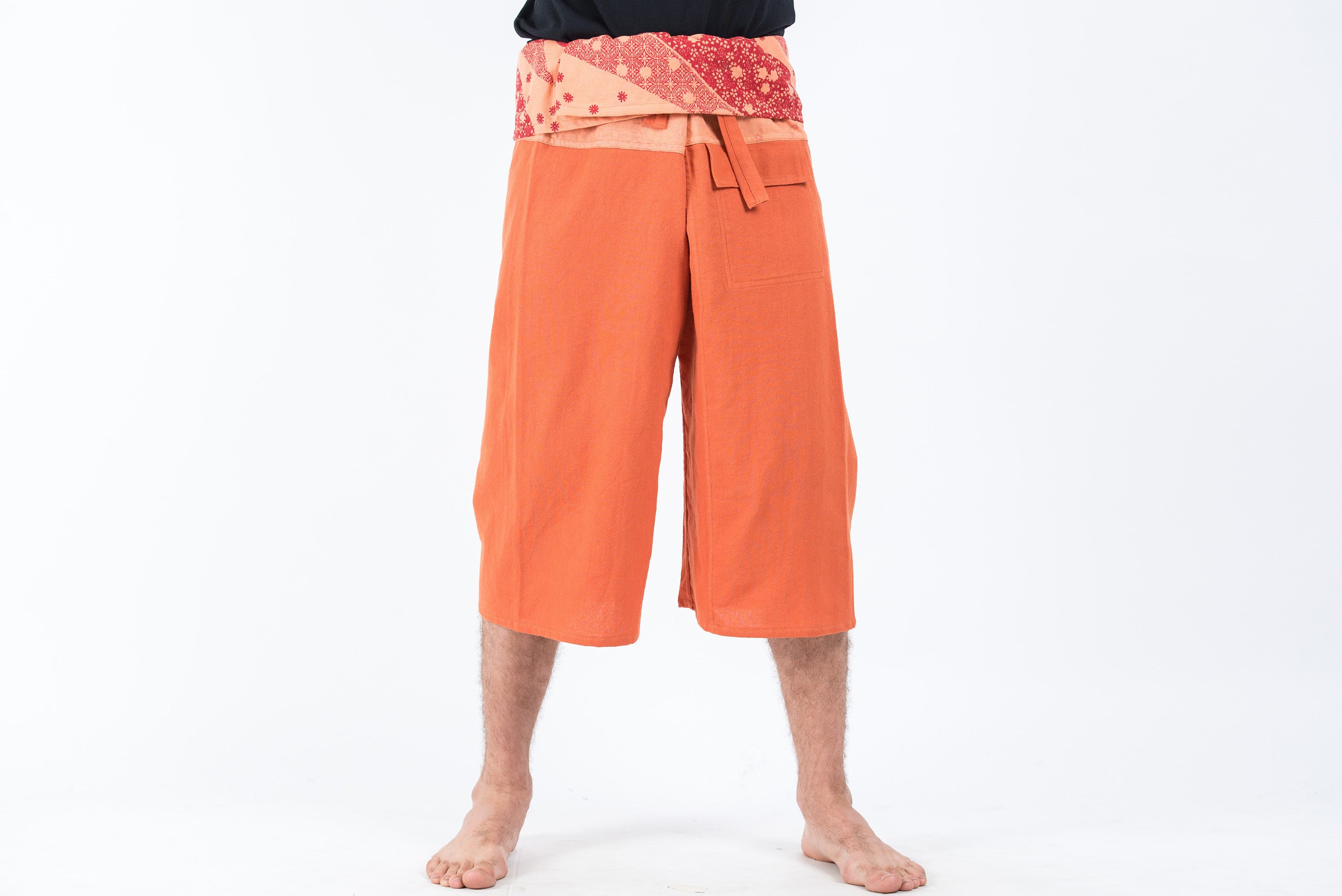 Men's Cropped Fisherman Pants with Pattern Waist Band in Orange
