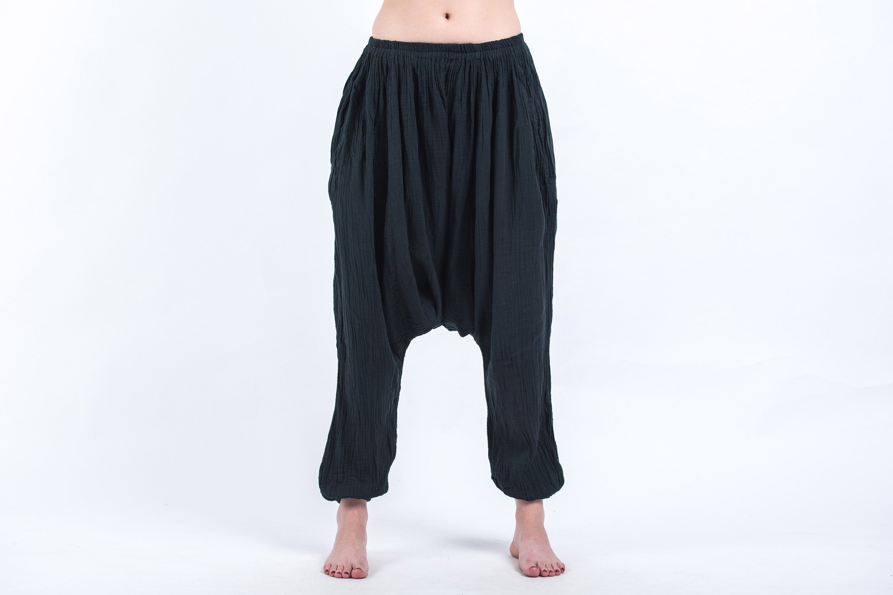 Women's Crinkled Hill Tribe Cotton Harem Pants in Black