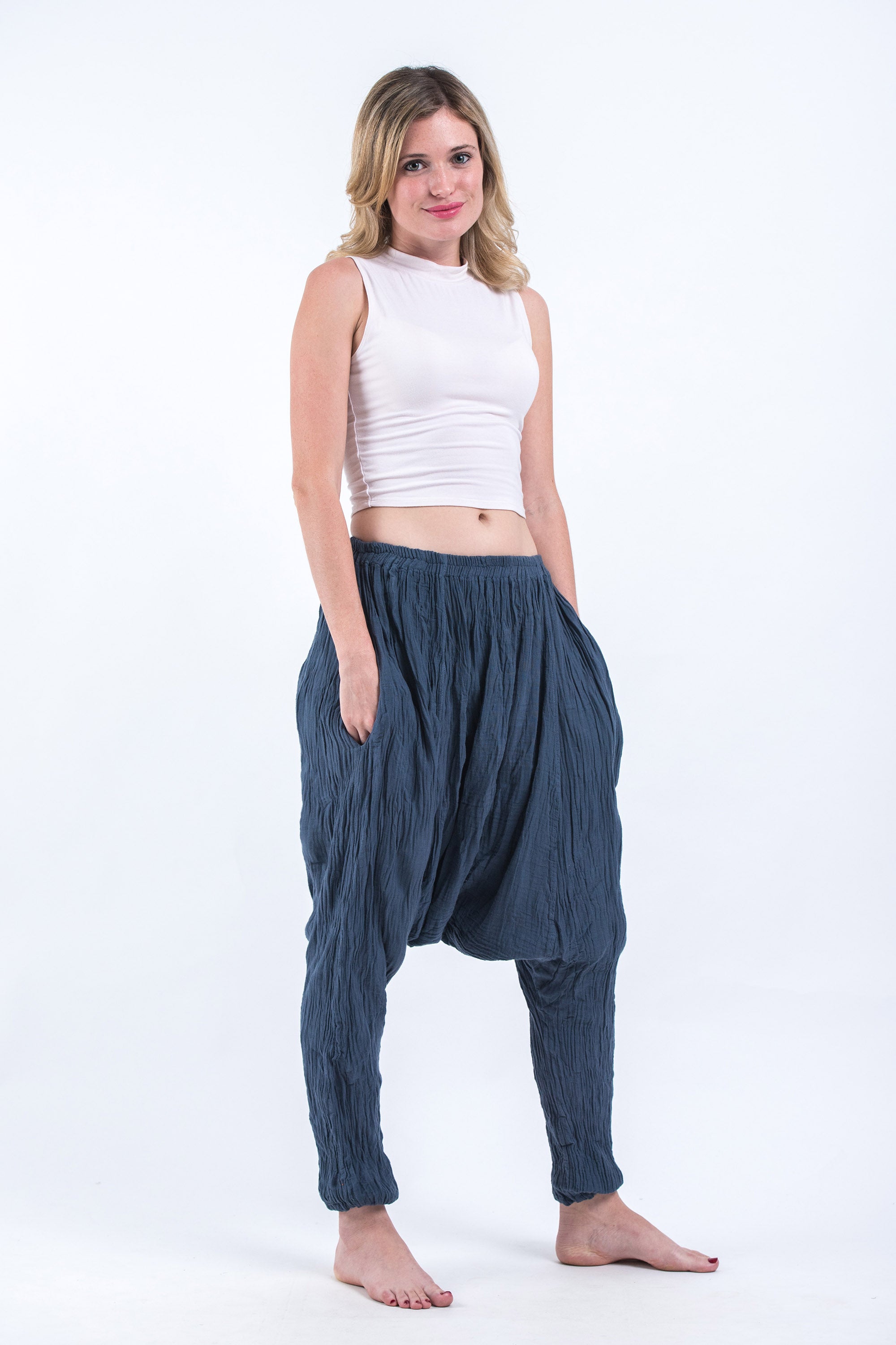Women's Crinkled Hill Tribe Cotton Harem Pants in Blue Gray