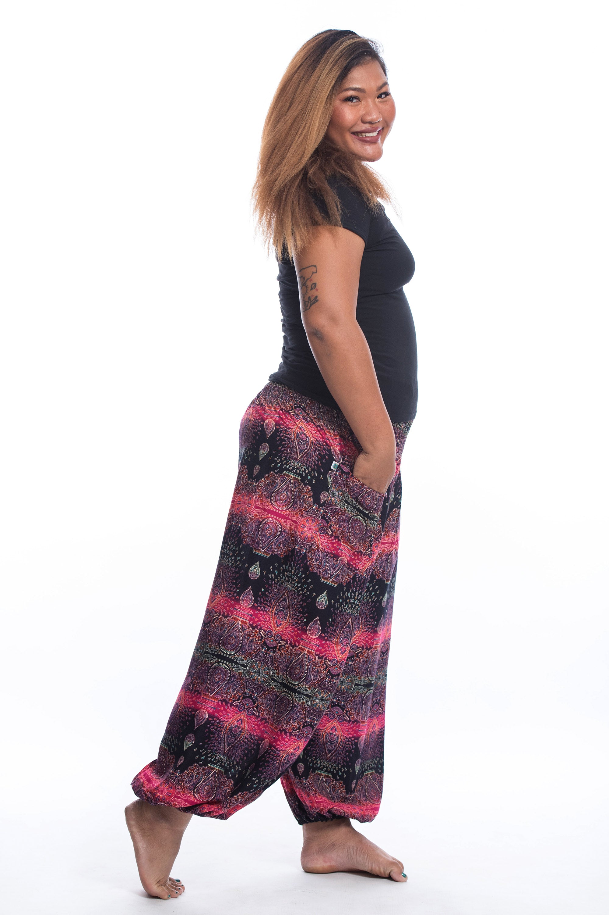 Plus Size Paisley Women's Harem Pants in Pink