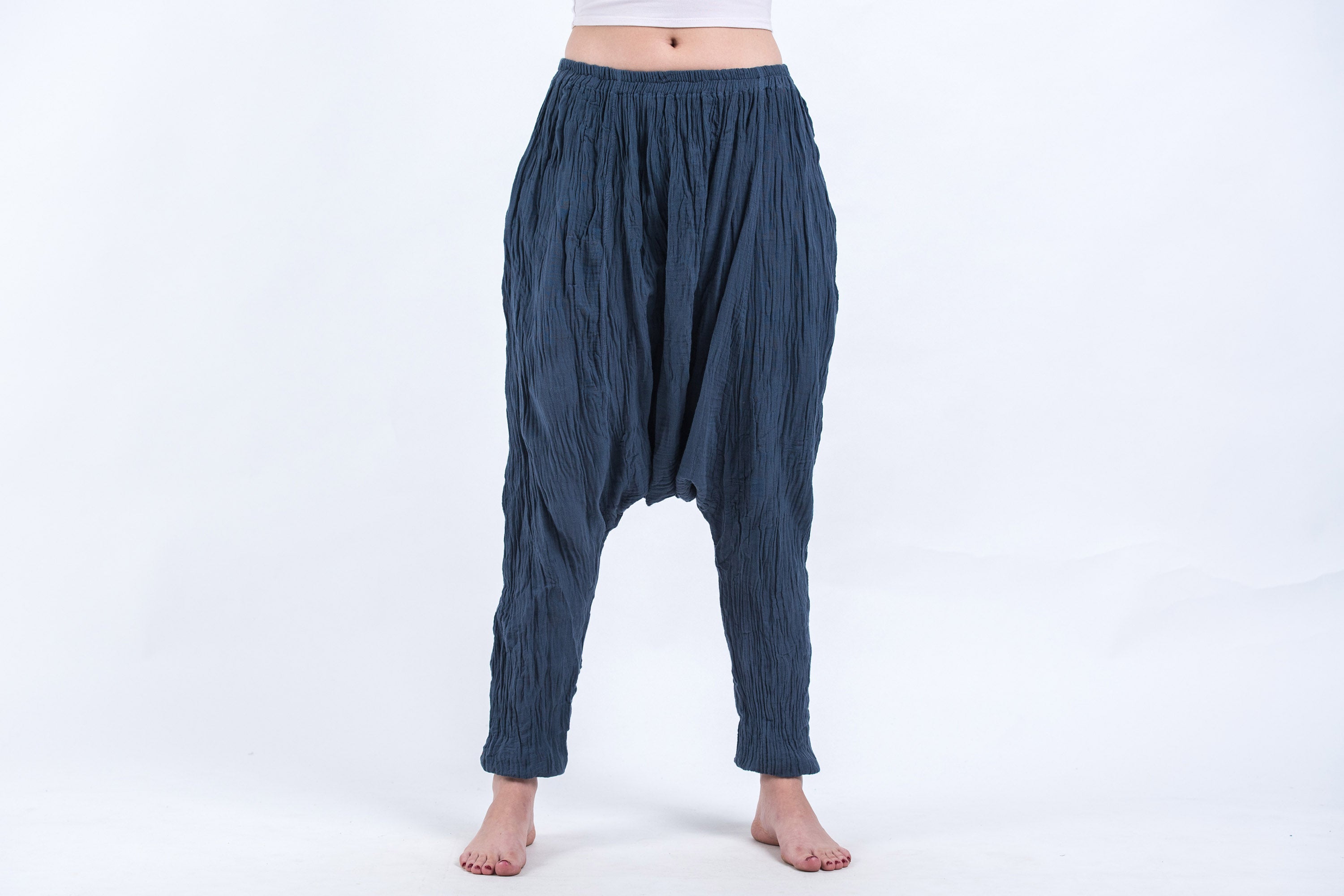 Women's Crinkled Hill Tribe Cotton Harem Pants in Blue Gray