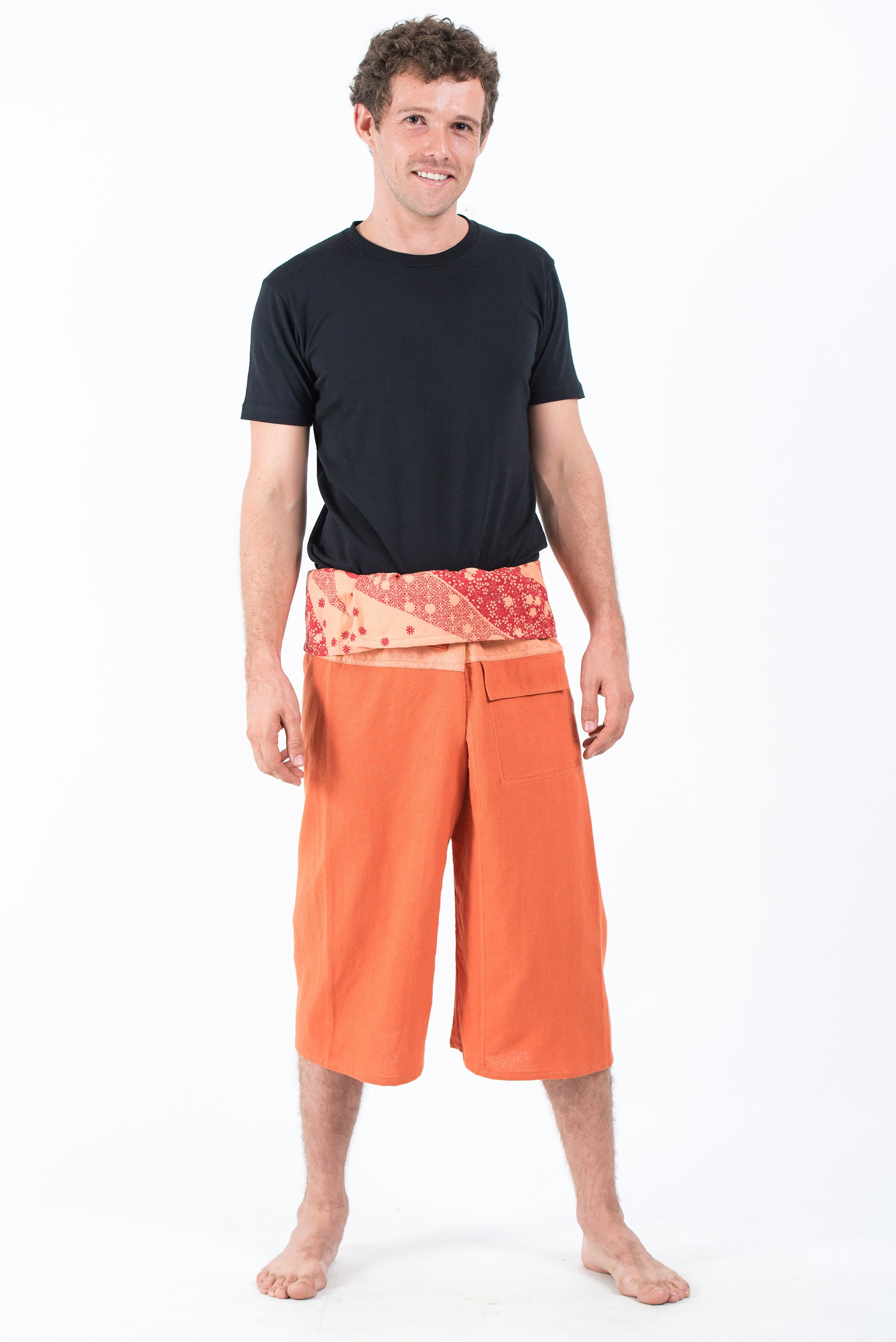 Men's Cropped Fisherman Pants with Pattern Waist Band in Orange