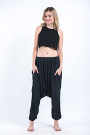Women's Crinkled Hill Tribe Cotton Harem Pants in Black