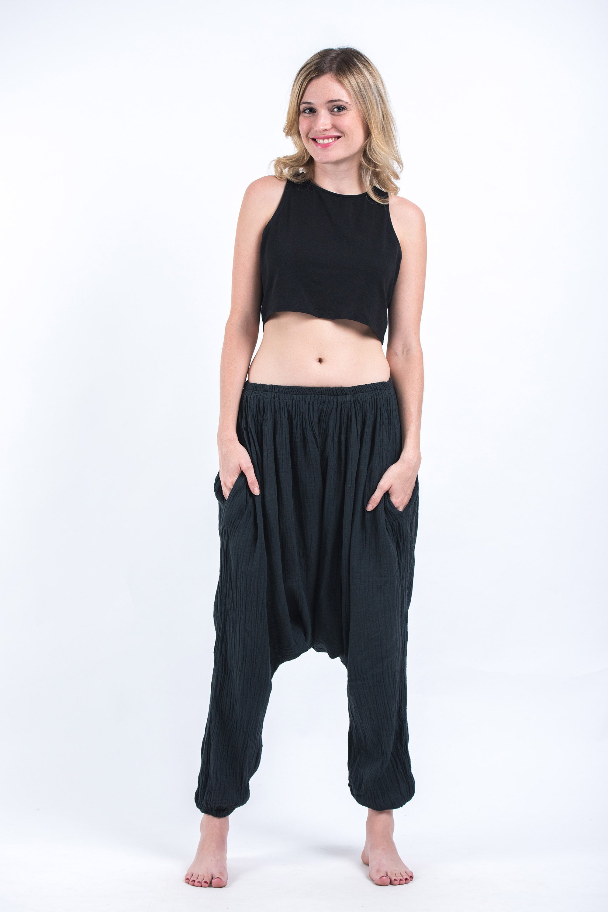 Women's Crinkled Hill Tribe Cotton Harem Pants in Black