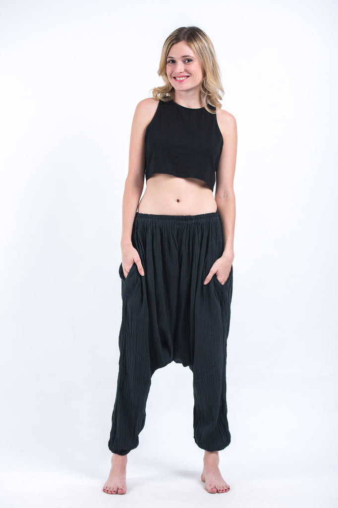 Women's Crinkled Hill Tribe Cotton Harem Pants in Black