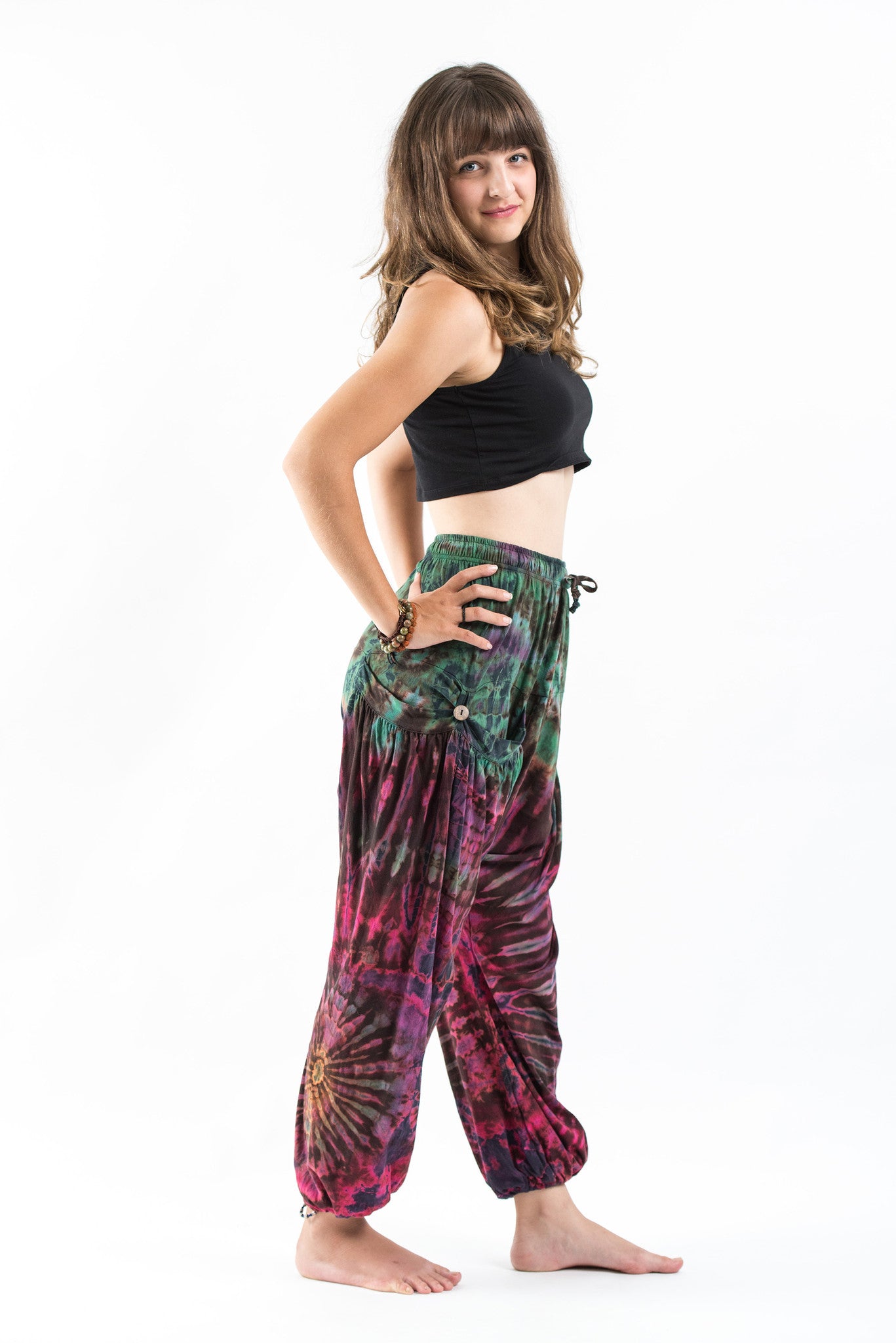 Tie Dye Cotton Women Harem Pants in Magenta Green