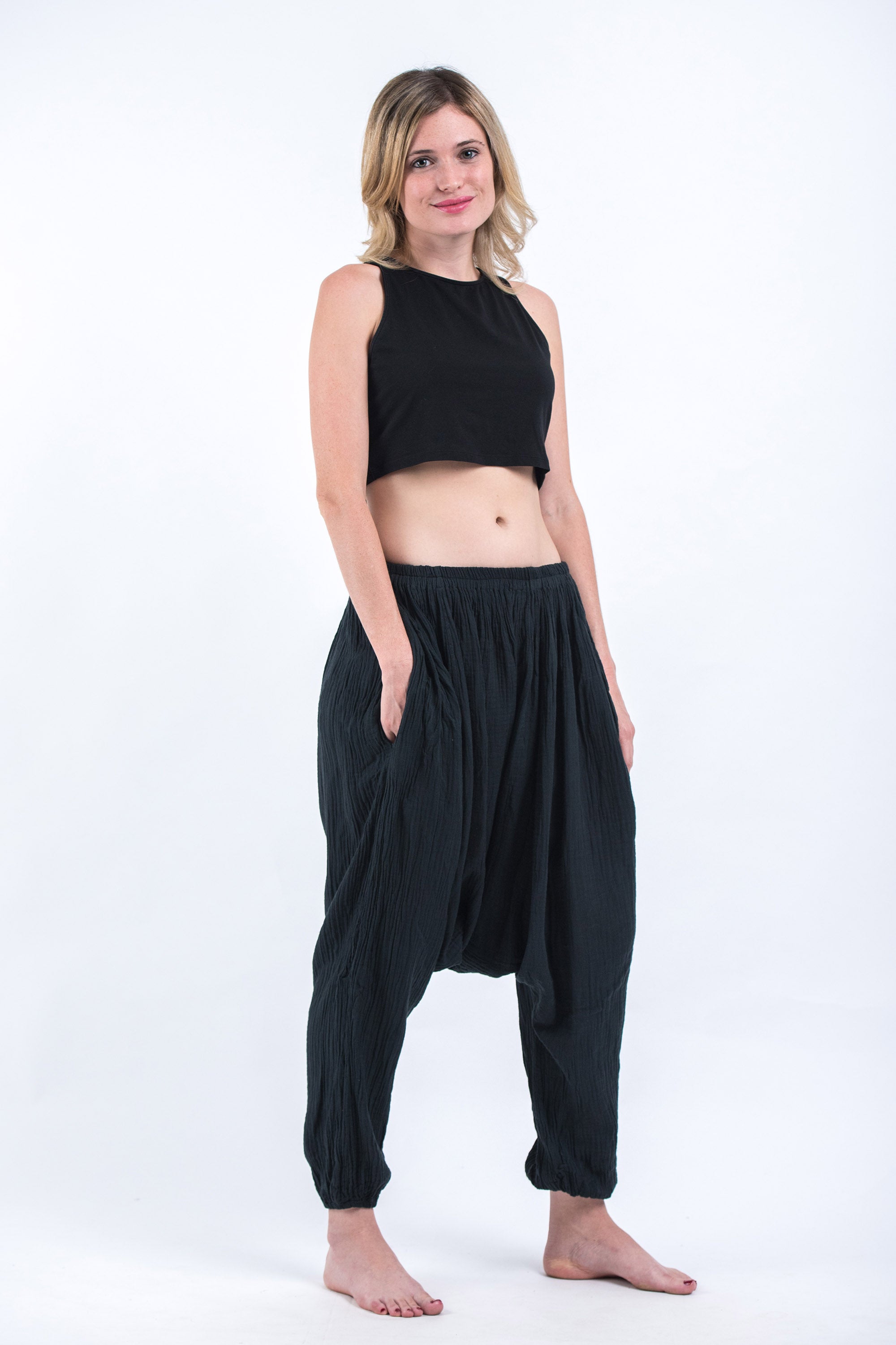 Women's Crinkled Hill Tribe Cotton Harem Pants in Black