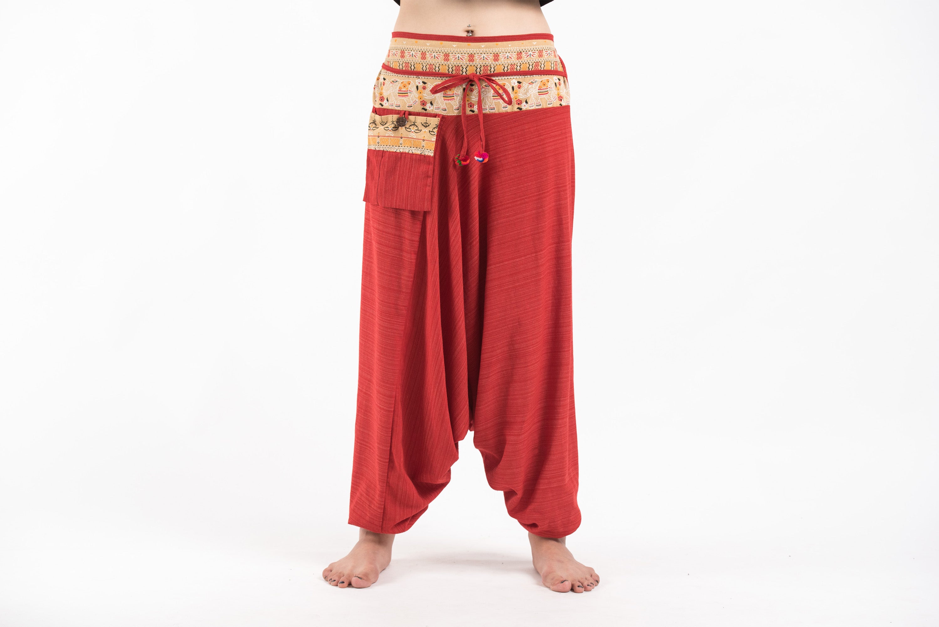 Pinstripe Cotton Low Cut Women's Harem Pants with Elephant Trim in Red