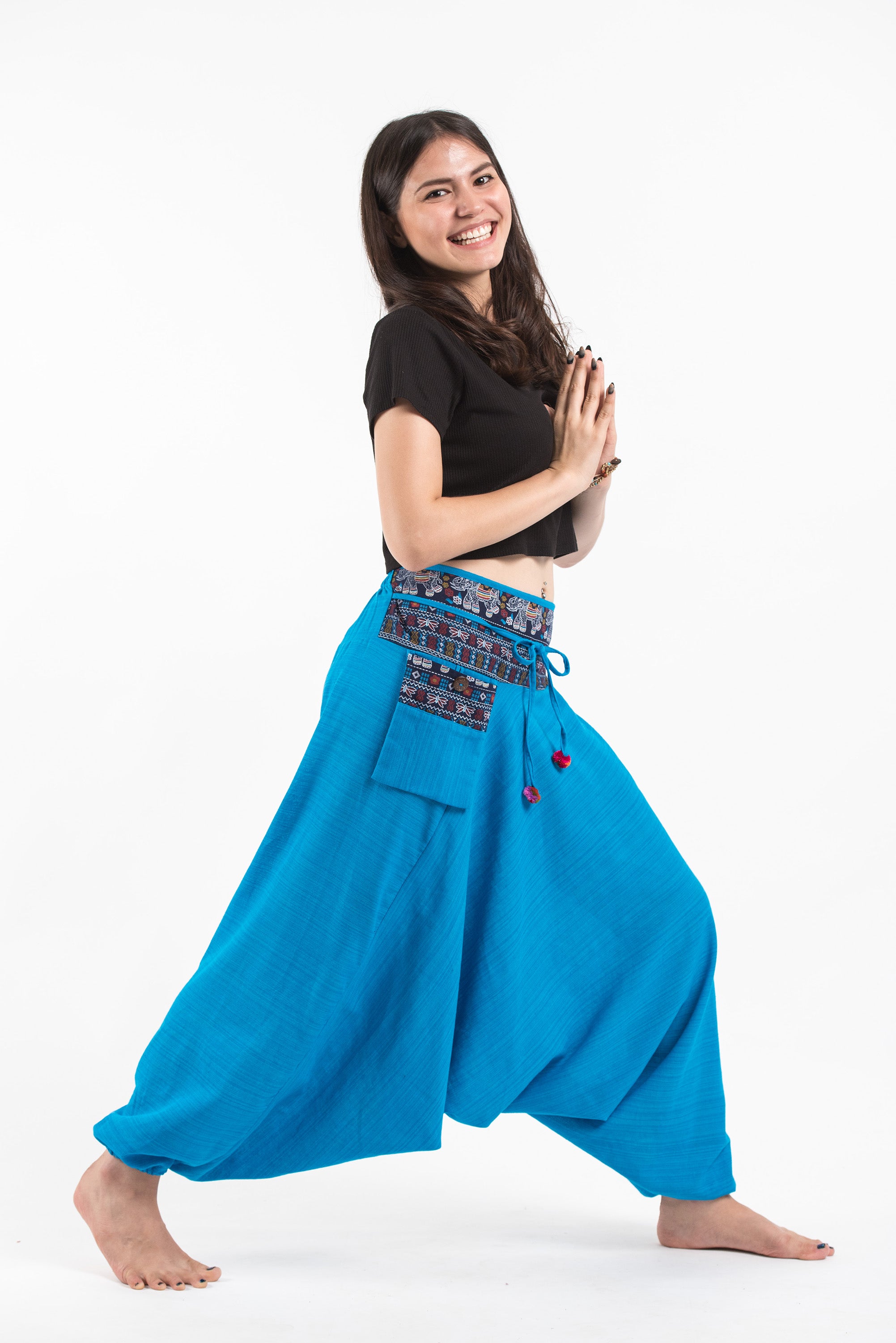 Pinstripe Cotton Low Cut Women's Harem Pants with Elephant Trim in Blue