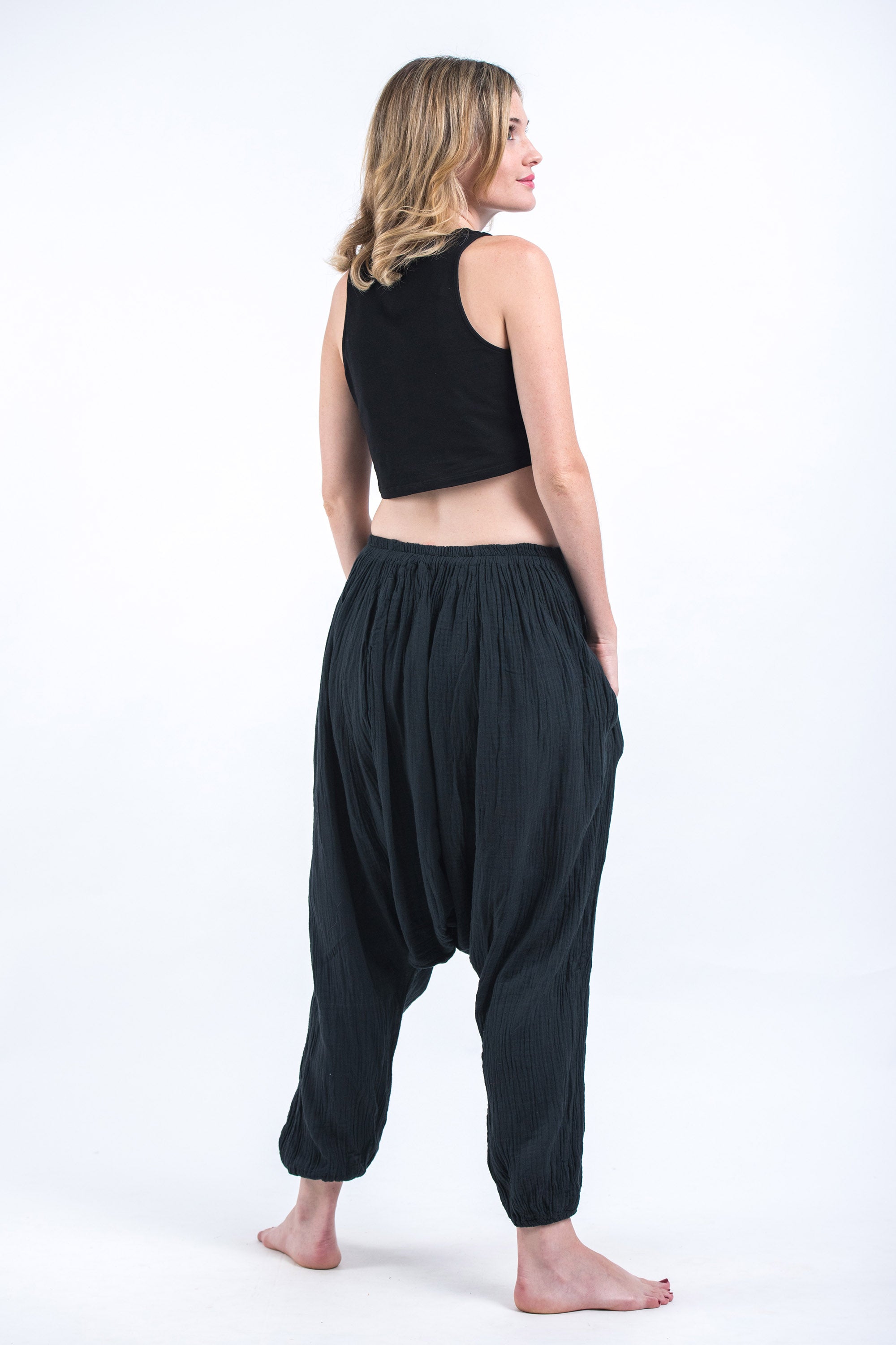 Women's Crinkled Hill Tribe Cotton Harem Pants in Black