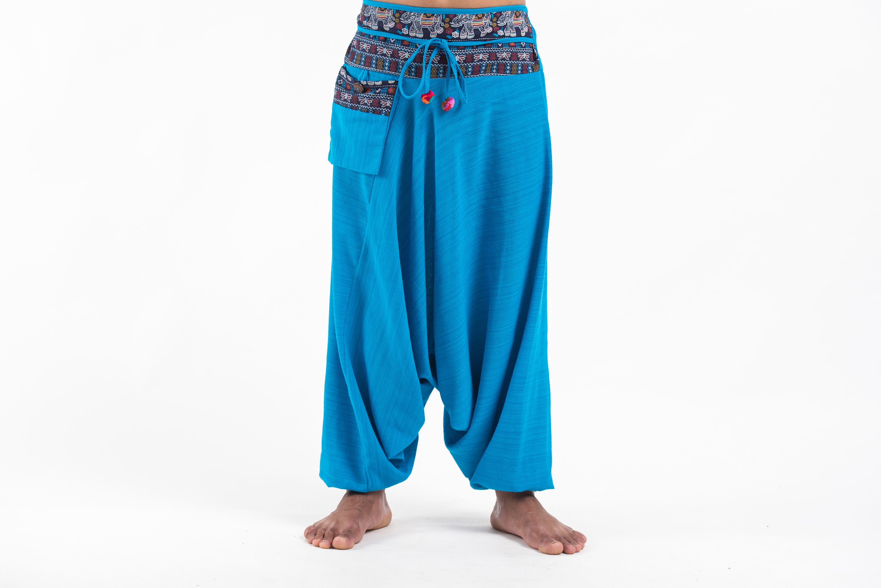 Pinstripe Cotton Low Cut Men's Harem Pants with Elephant Trim in Blue