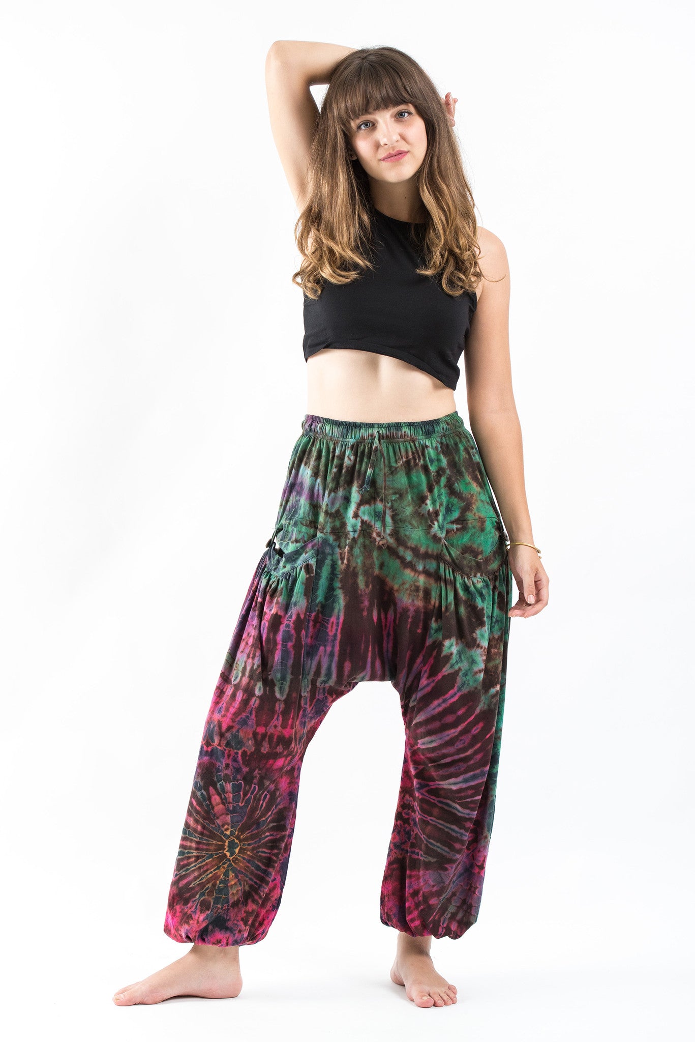 Tie Dye Cotton Women Harem Pants in Magenta Green