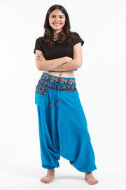 Pinstripe Cotton Low Cut Women's Harem Pants with Elephant Trim in Blue