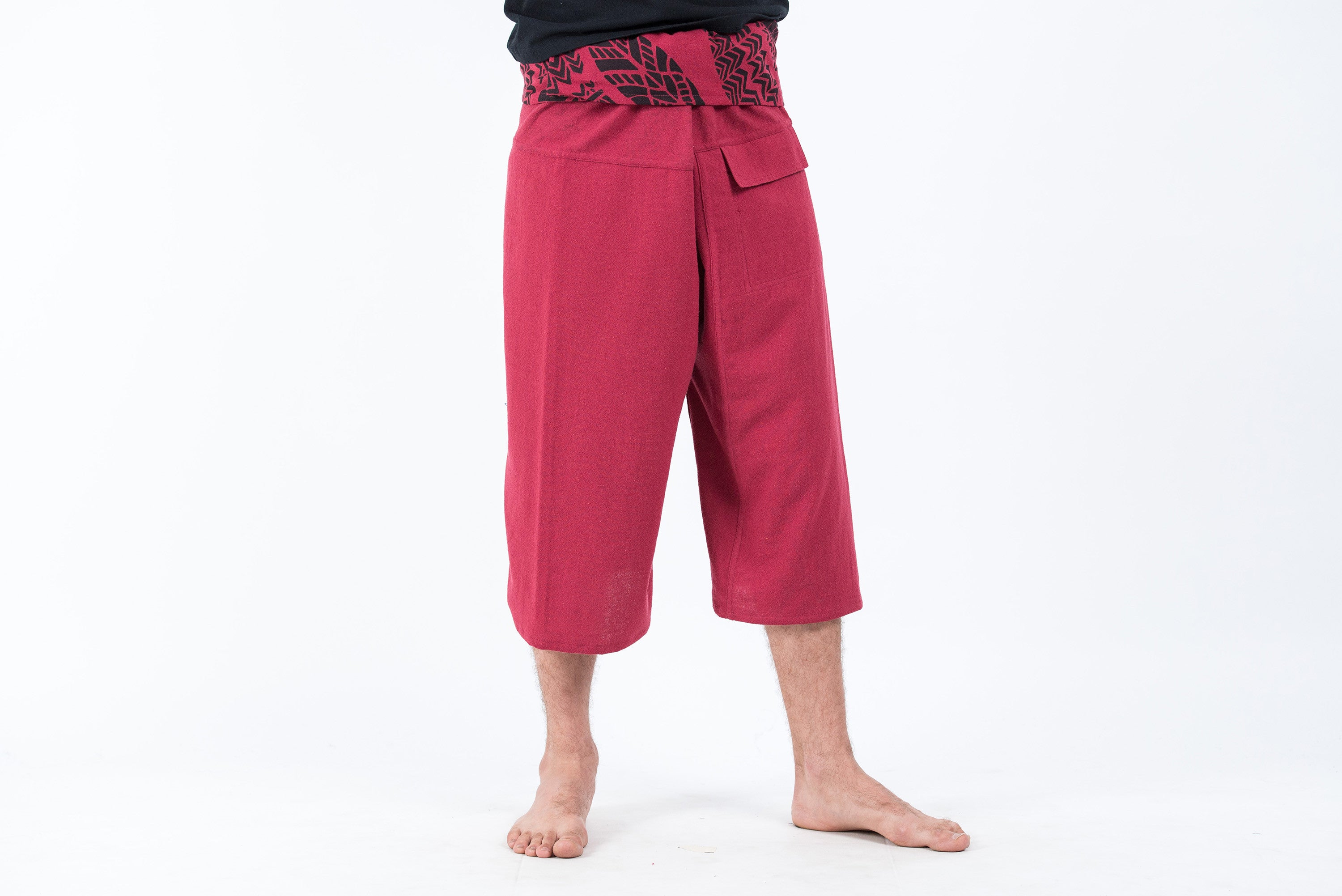 Men's Cropped Fisherman Pants with Pattern Waist Band in Red