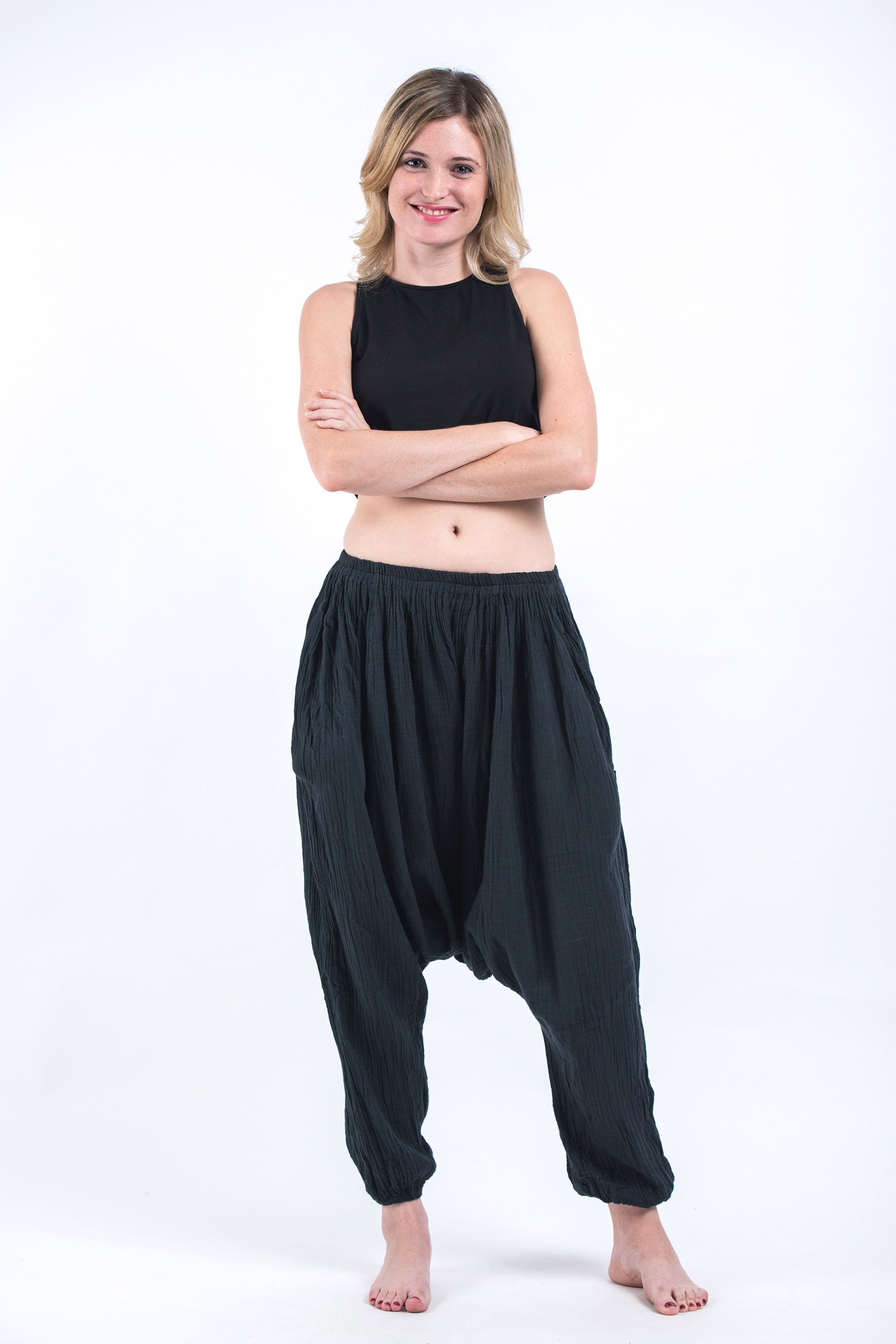 Women's Crinkled Hill Tribe Cotton Harem Pants in Black