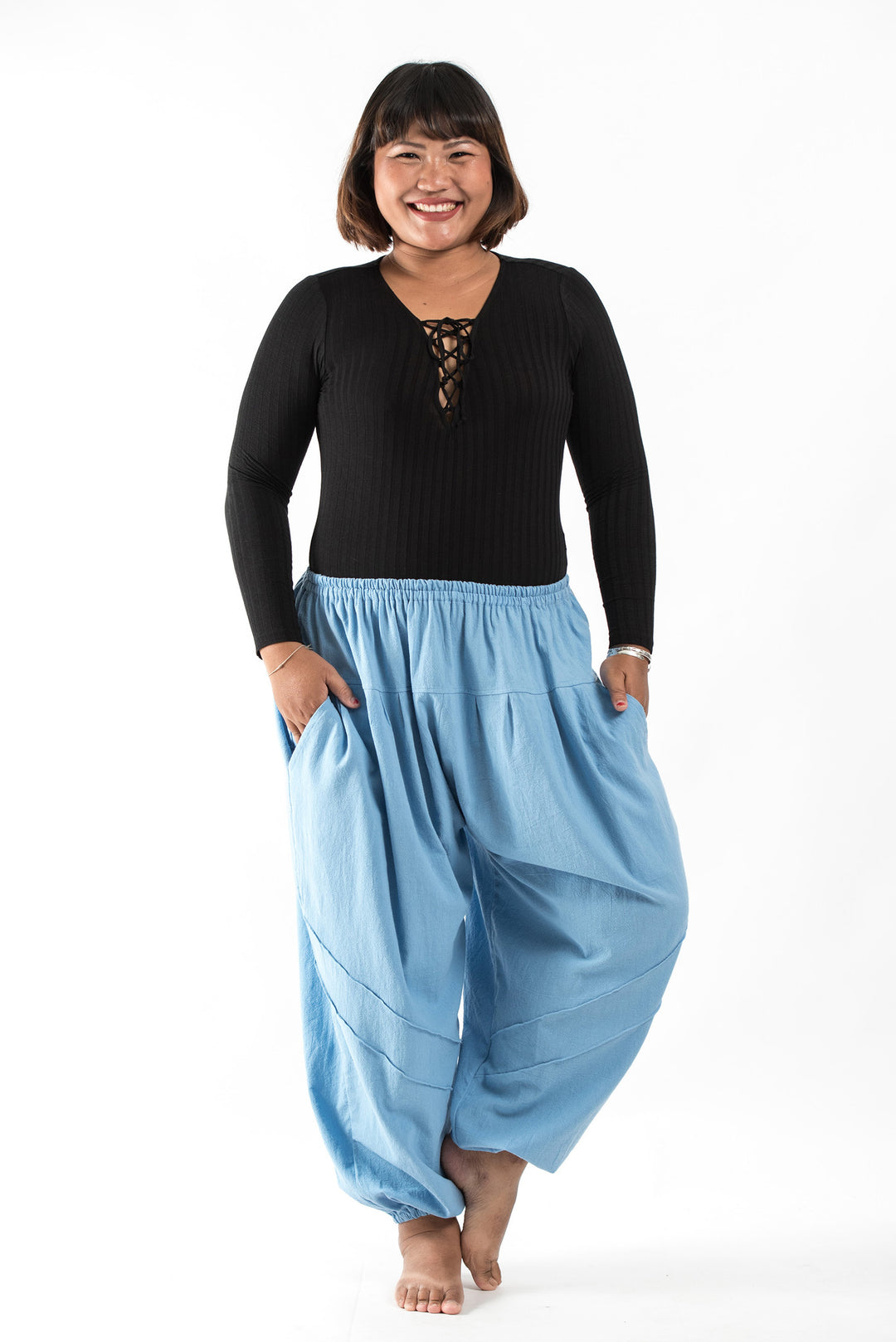Plus Size Women Summer Casual Solid Loose Pocket Harem Pants