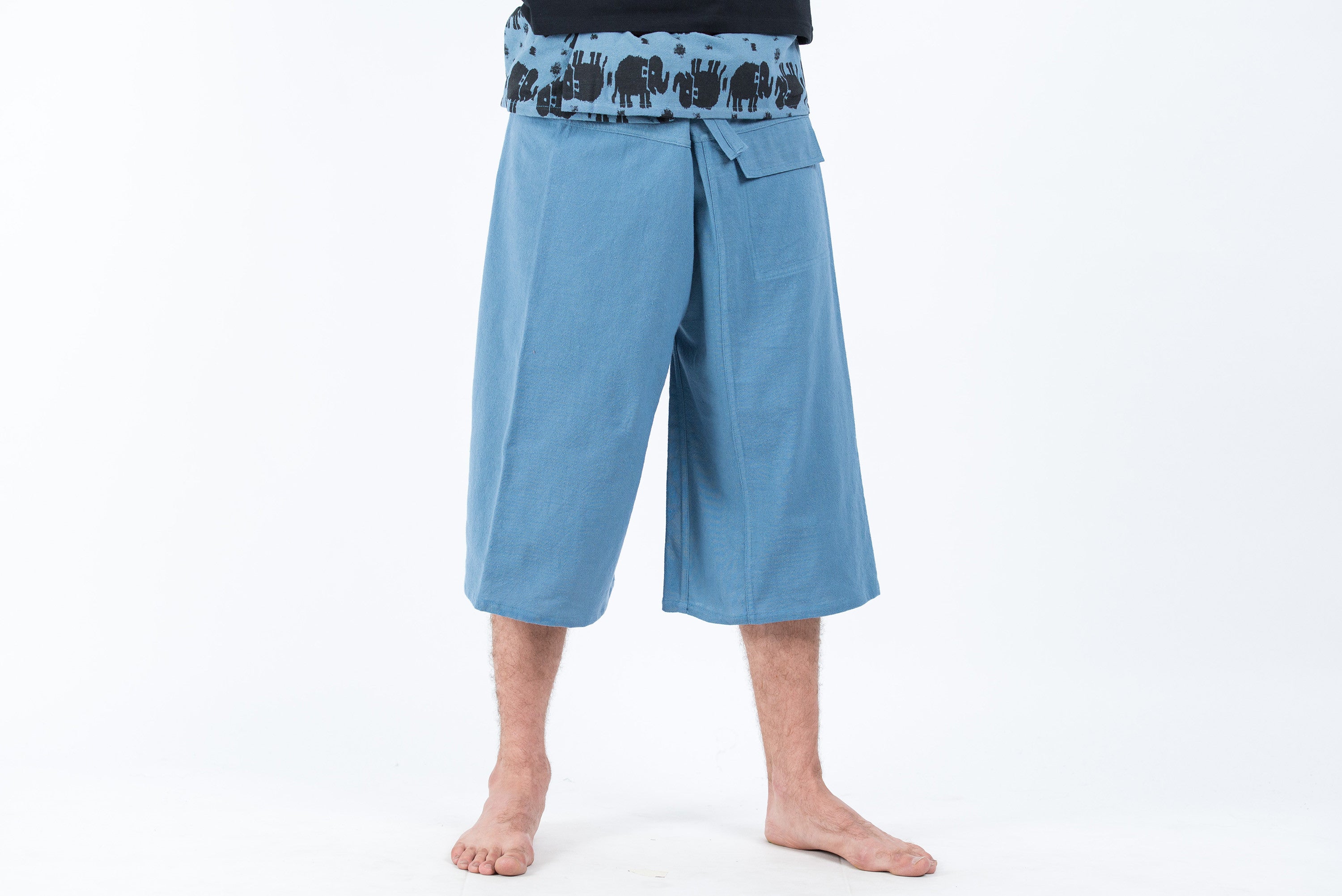 Men's Cropped Fisherman Pants with Pattern Waist Band in Baby Blue