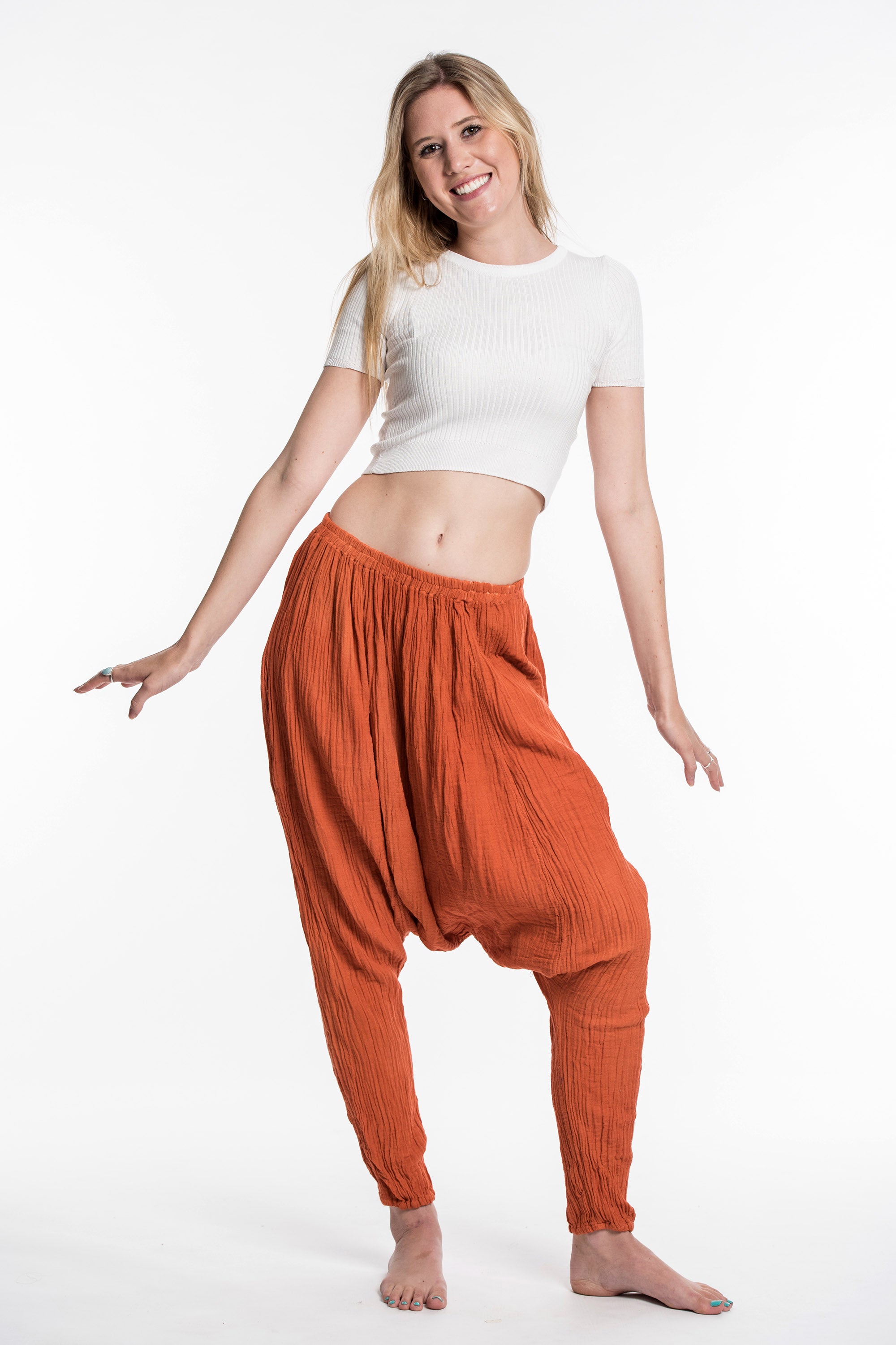Women's Crinkled Hill Tribe Cotton Harem Pants in Orange