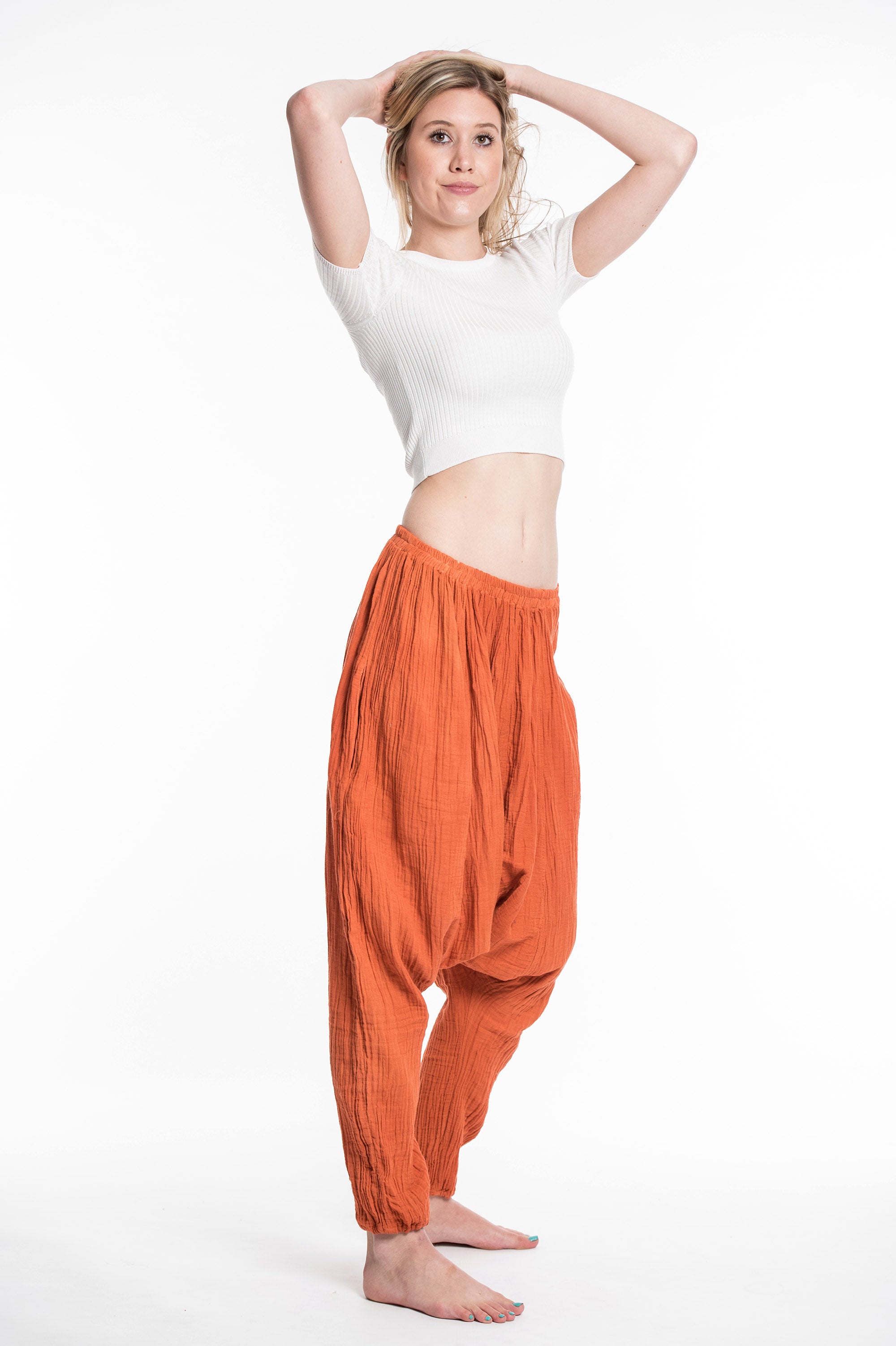 Women's Crinkled Hill Tribe Cotton Harem Pants in Orange