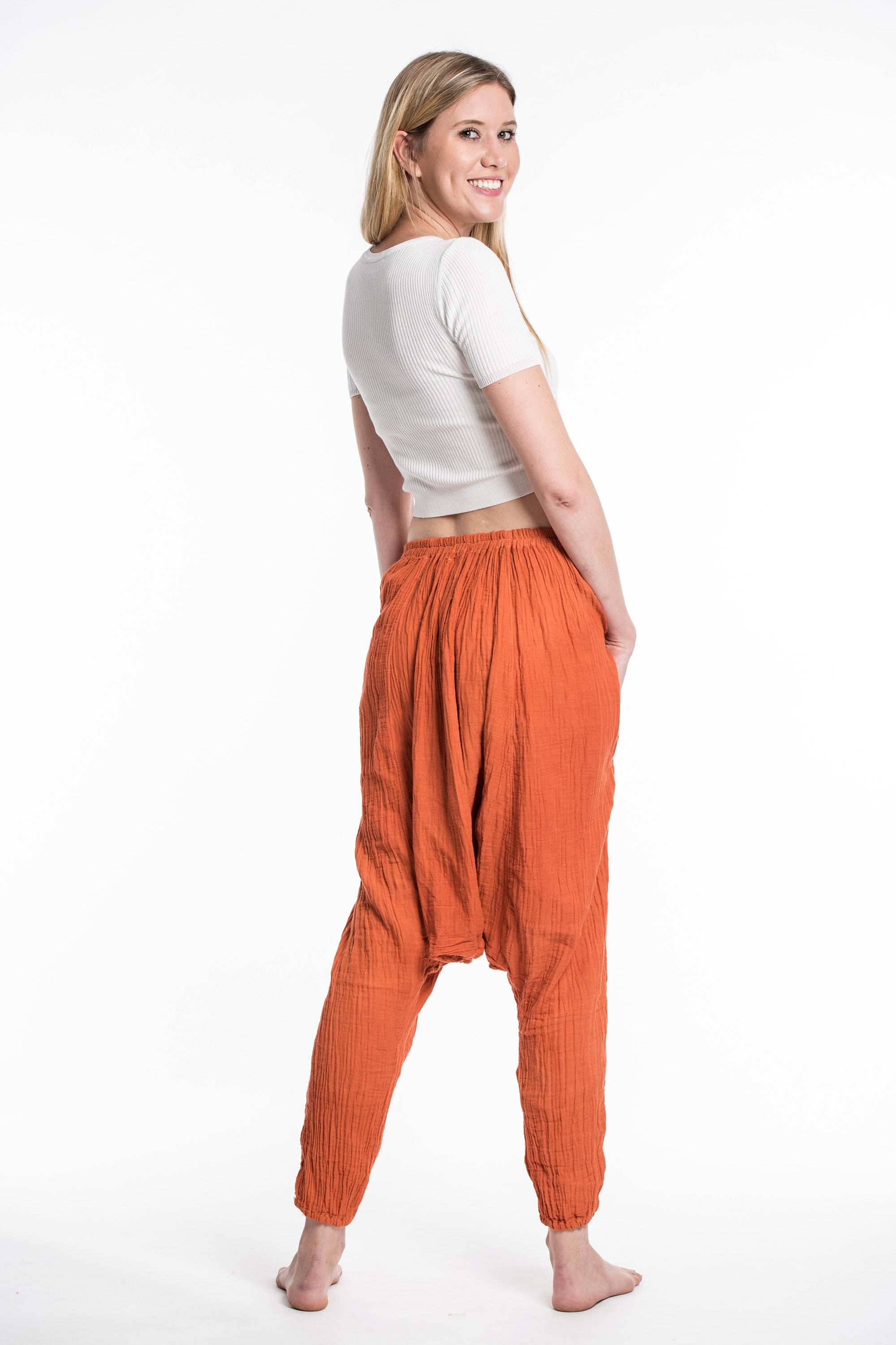 Women's Crinkled Hill Tribe Cotton Harem Pants in Orange