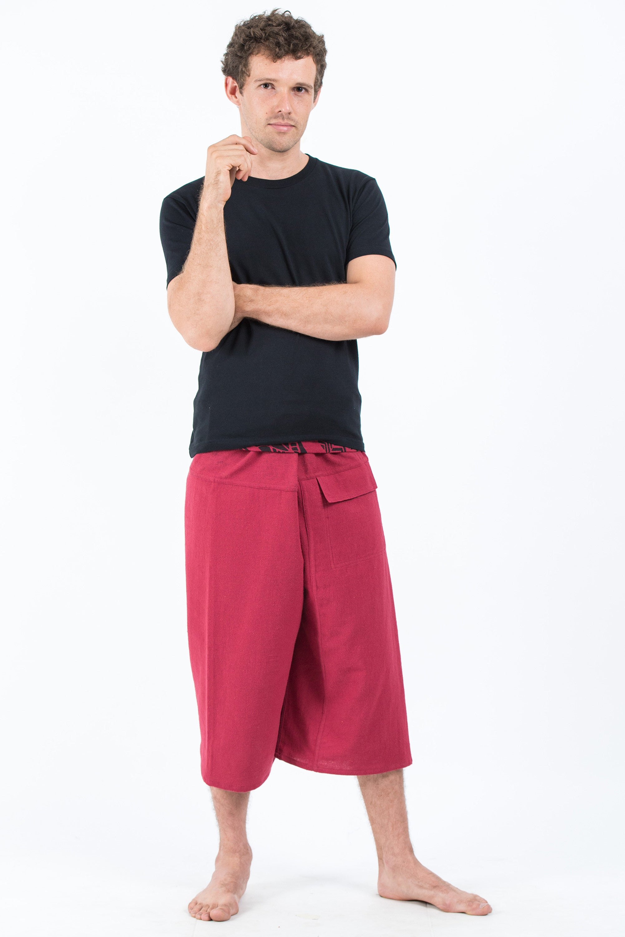 Men's Cropped Fisherman Pants with Pattern Waist Band in Red
