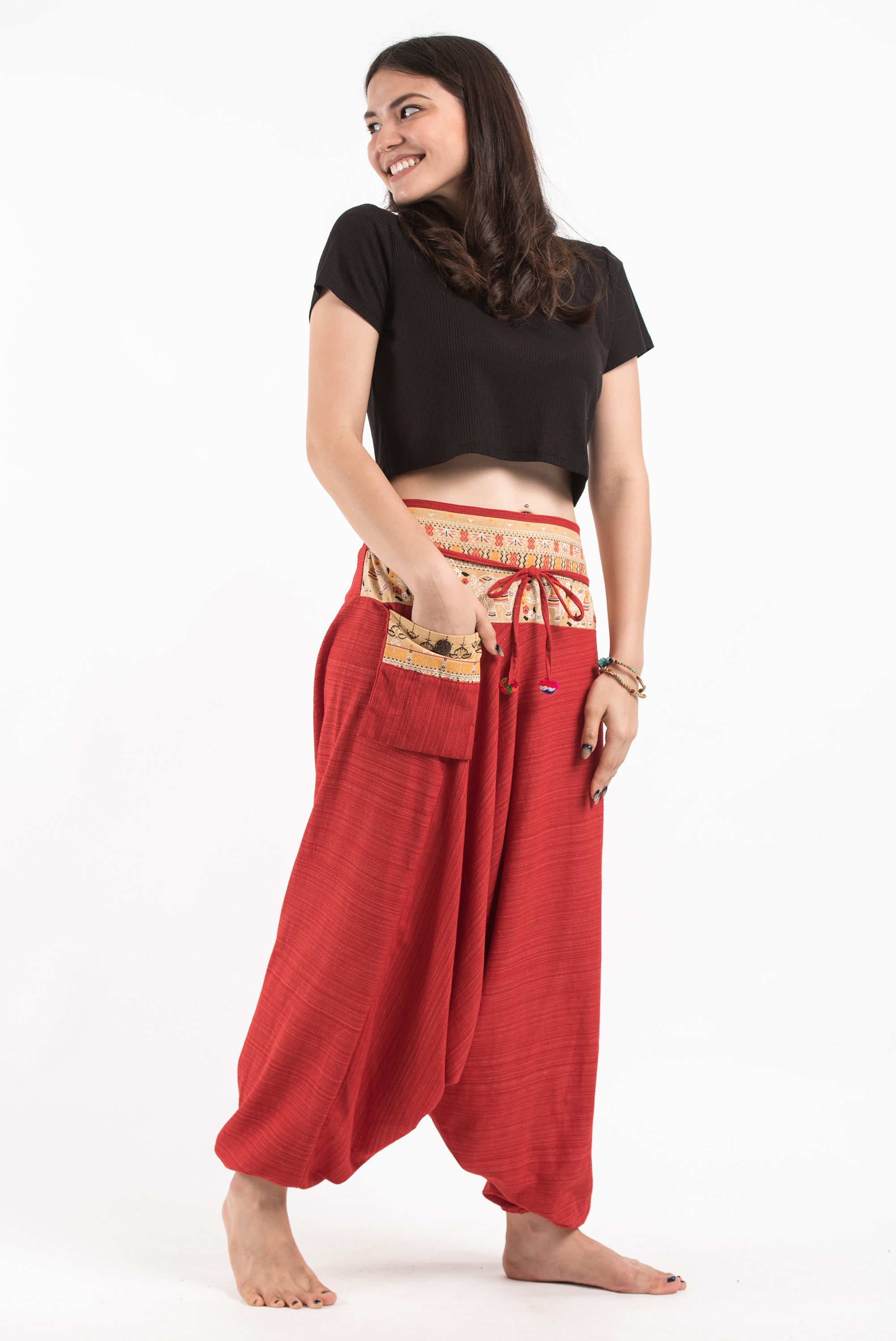 Pinstripe Cotton Low Cut Women's Harem Pants with Elephant Trim in Red