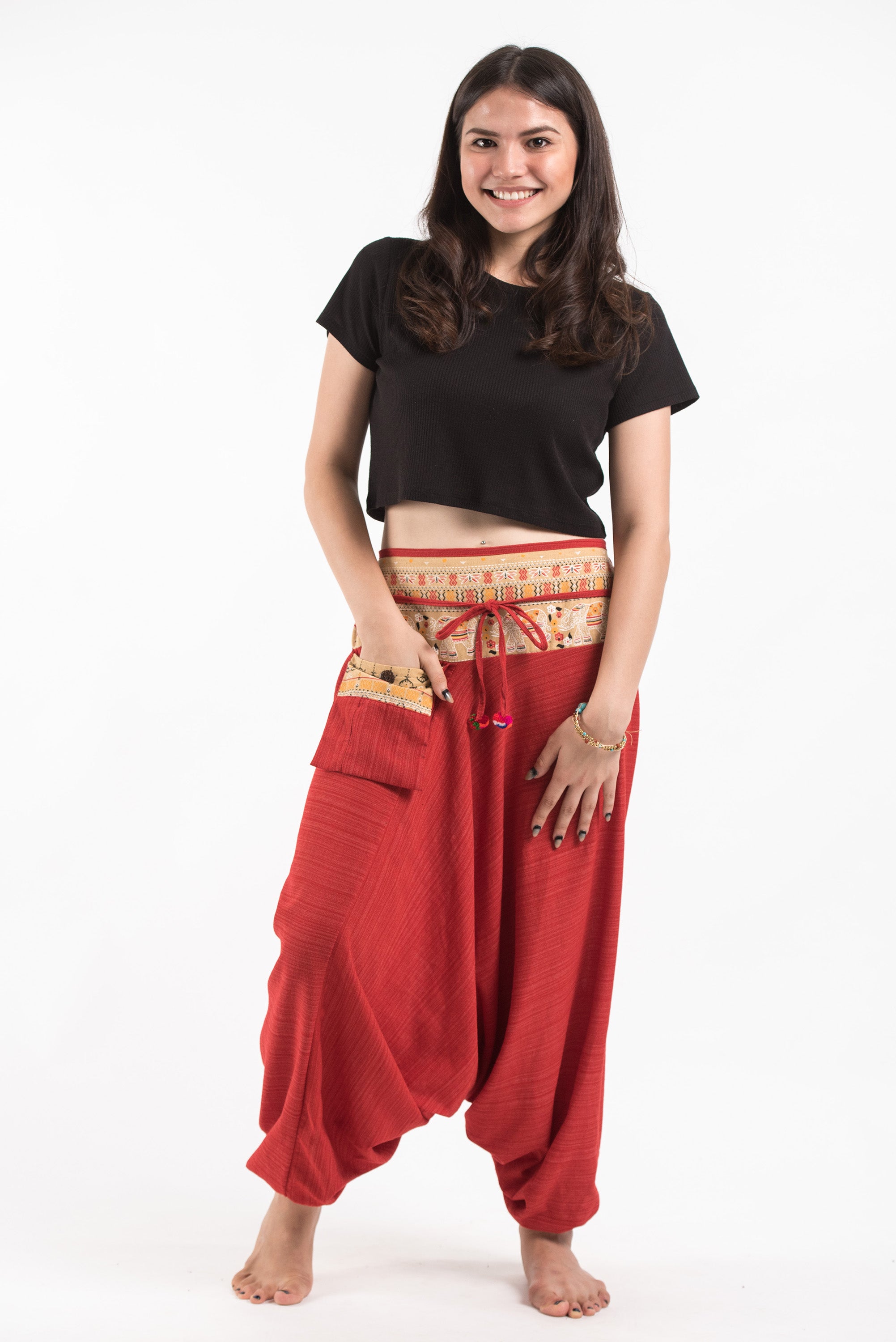 Pinstripe Cotton Low Cut Women's Harem Pants with Elephant Trim in Red