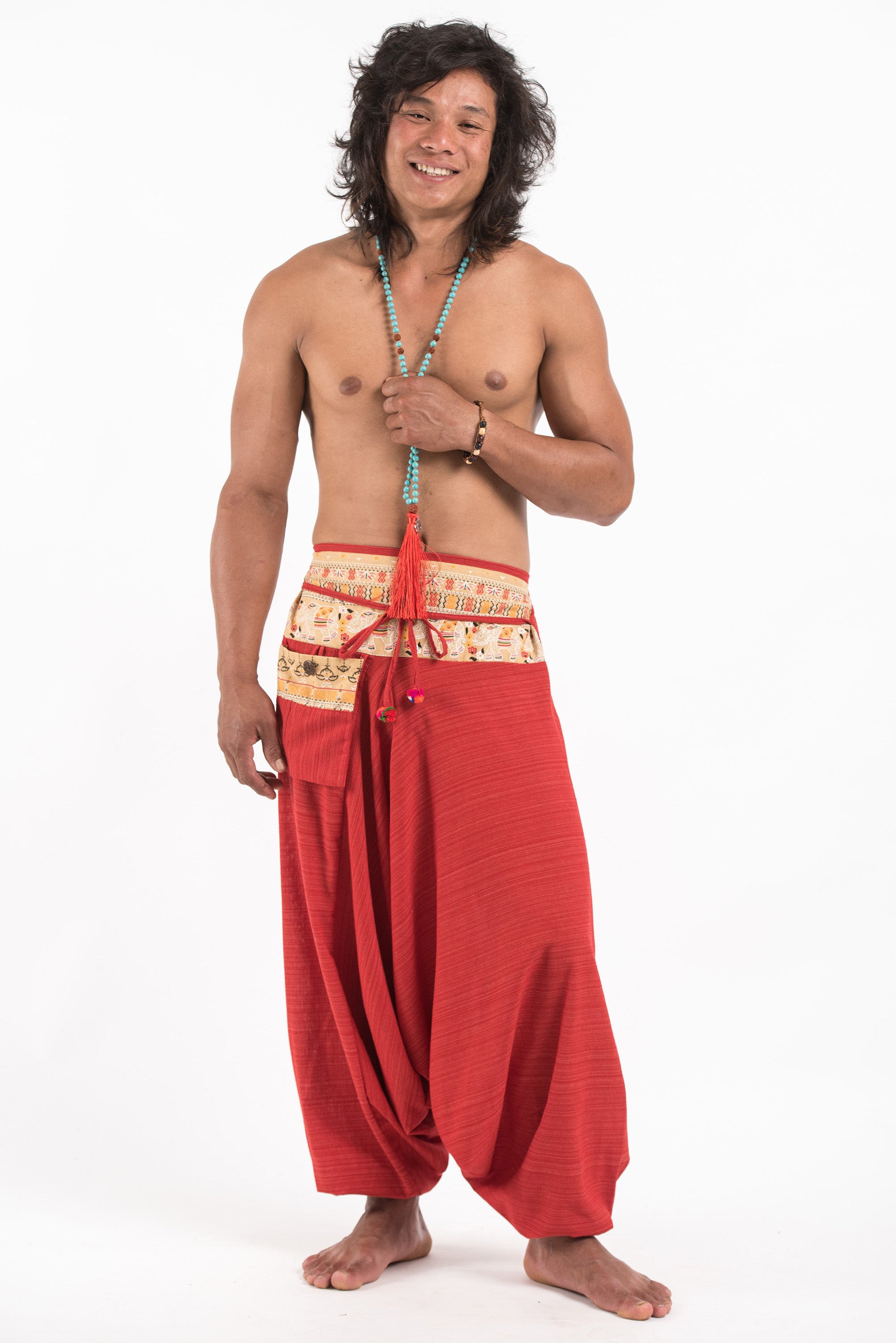 Pinstripe Cotton Low Cut Men's Harem Pants with Elephant Trim in Red