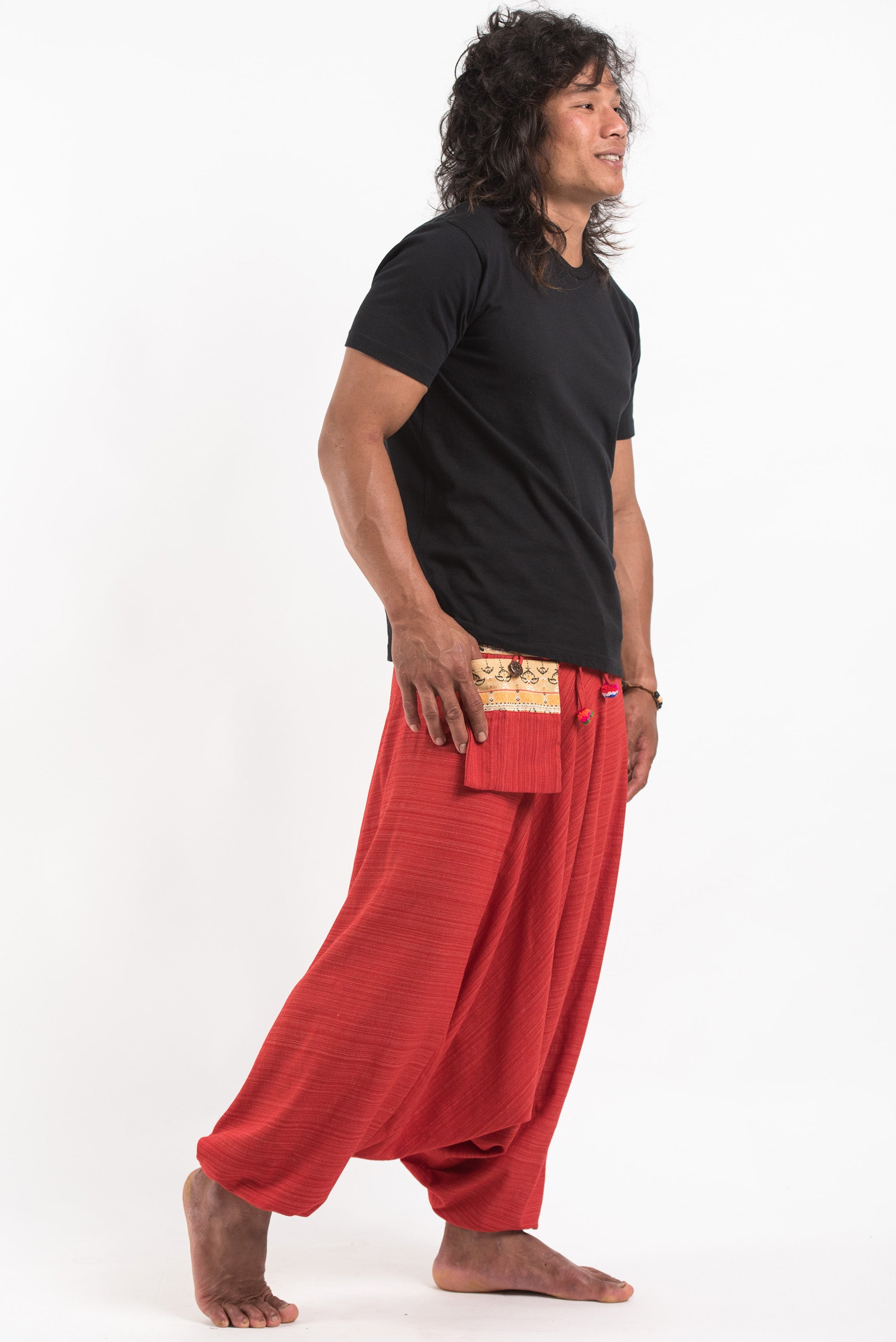 Pinstripe Cotton Low Cut Men's Harem Pants with Elephant Trim in Red