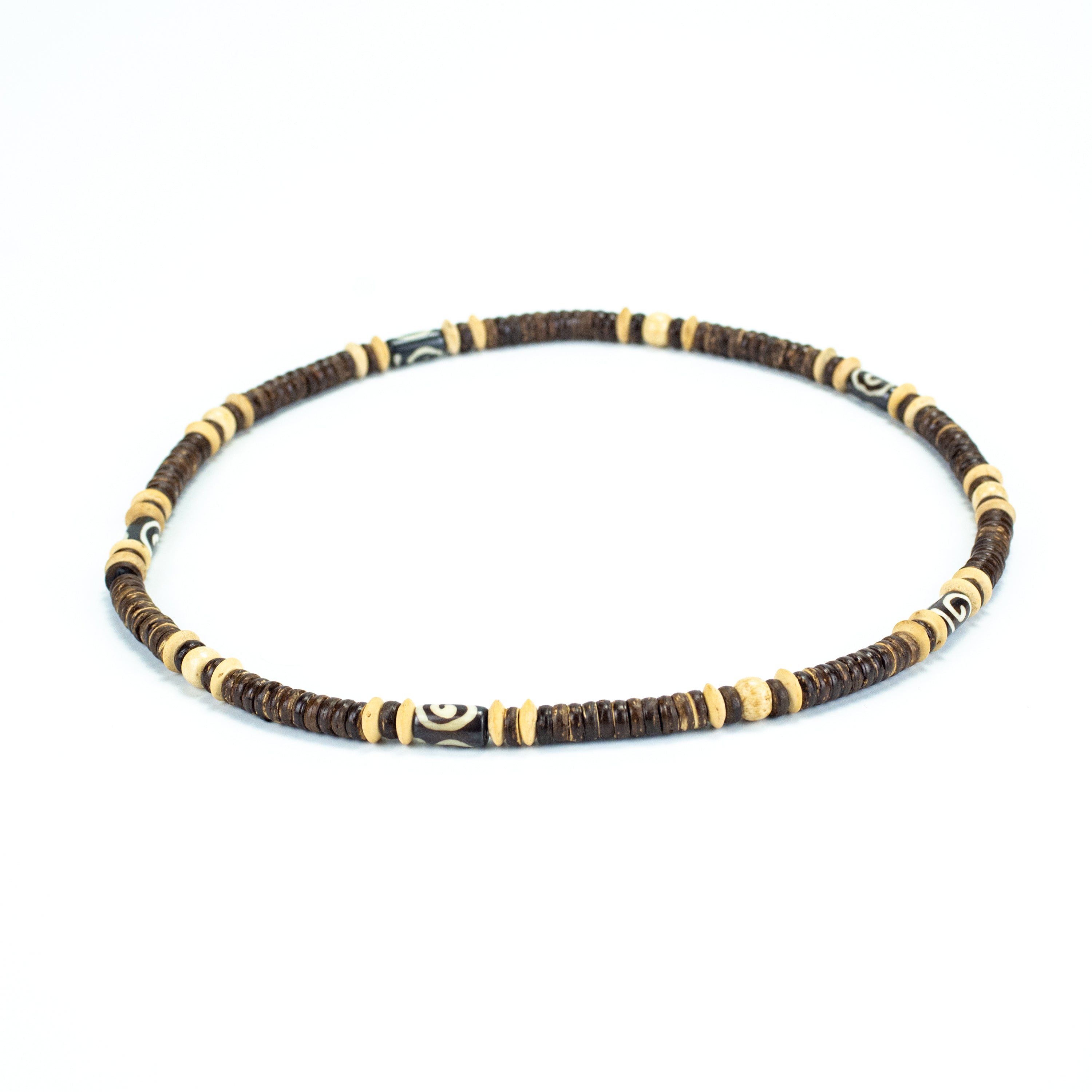 Wooden Bead and Swirl Stone Charm Necklace