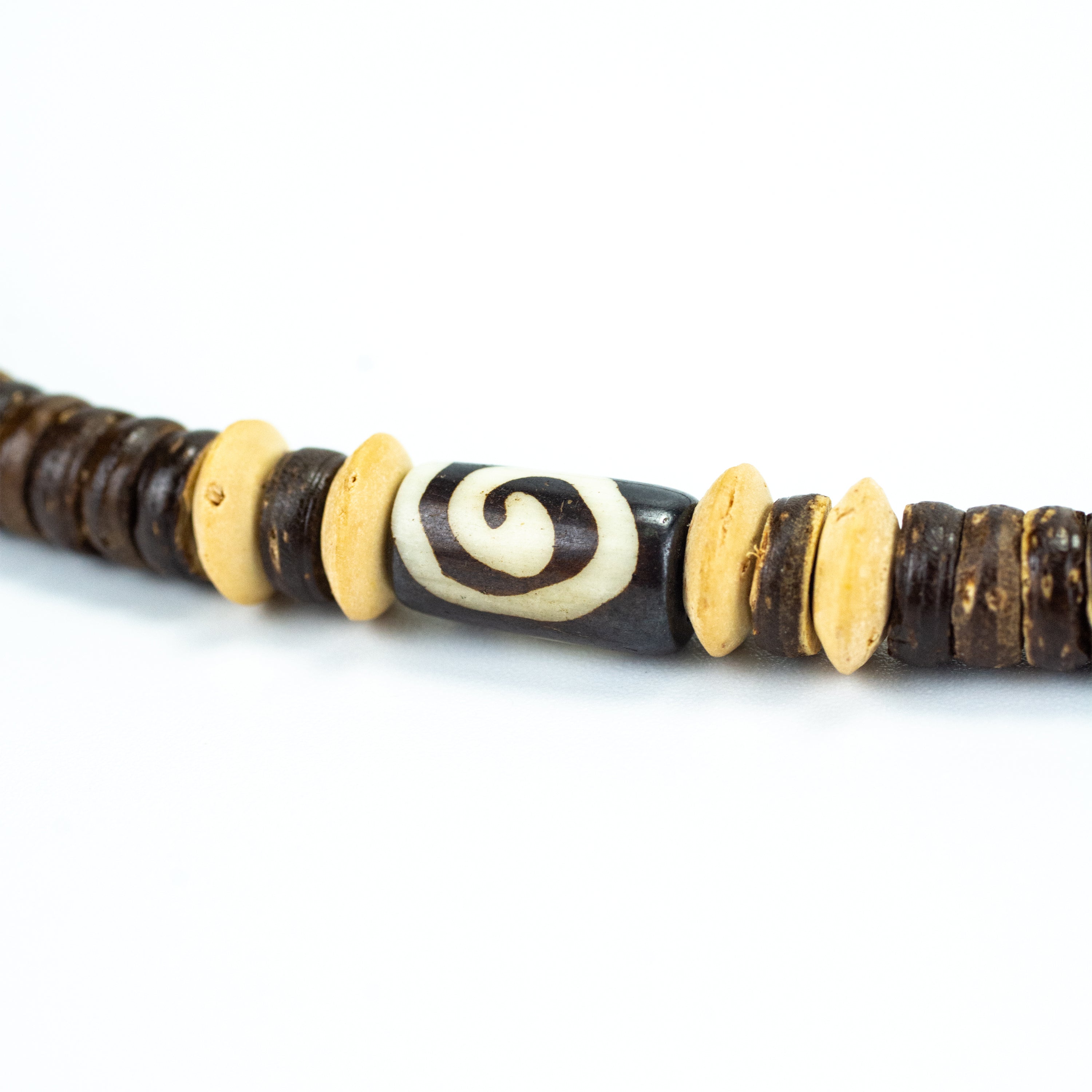 Wooden Bead and Swirl Stone Charm Necklace