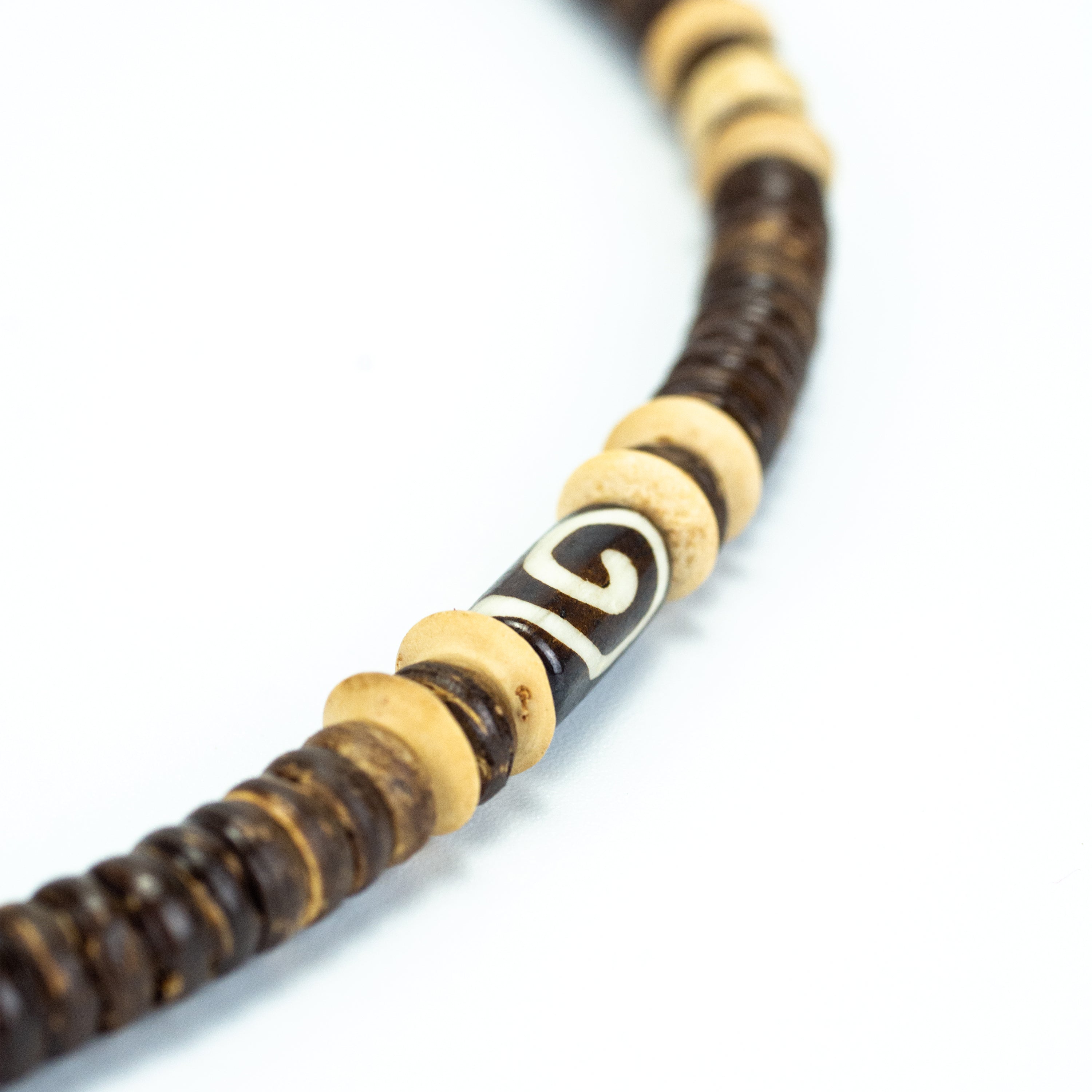 Wooden Bead and Swirl Stone Charm Necklace