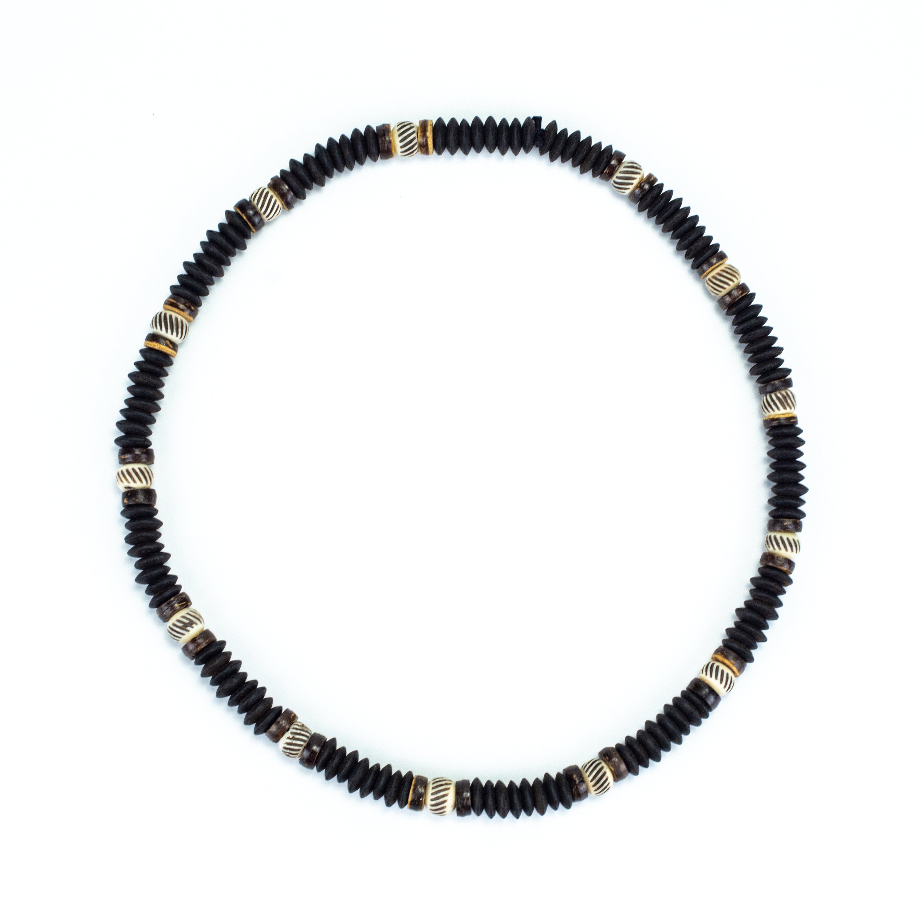 Wooden Bead and Stripe Stone Charm Necklace