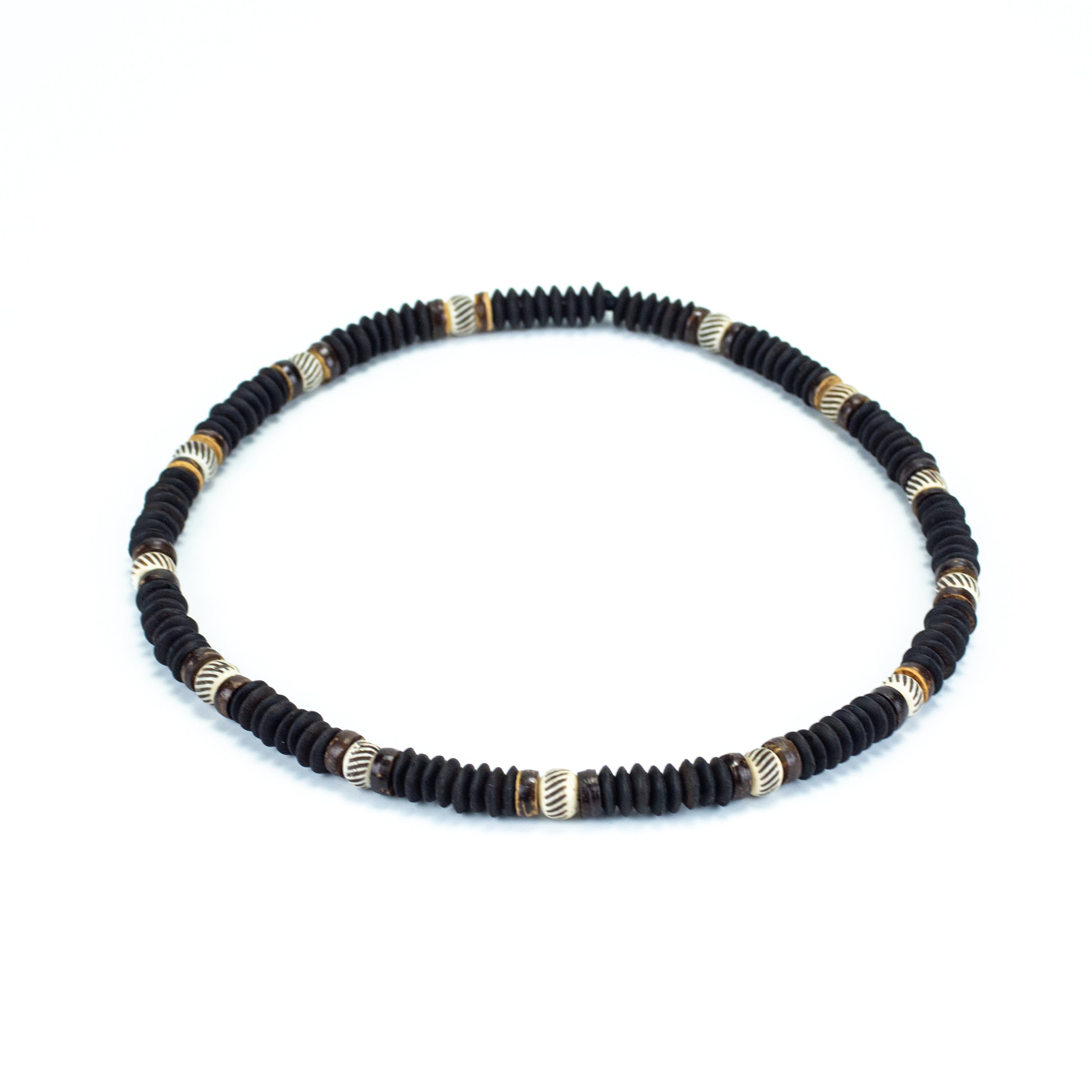 Wooden Bead and Stripe Stone Charm Necklace