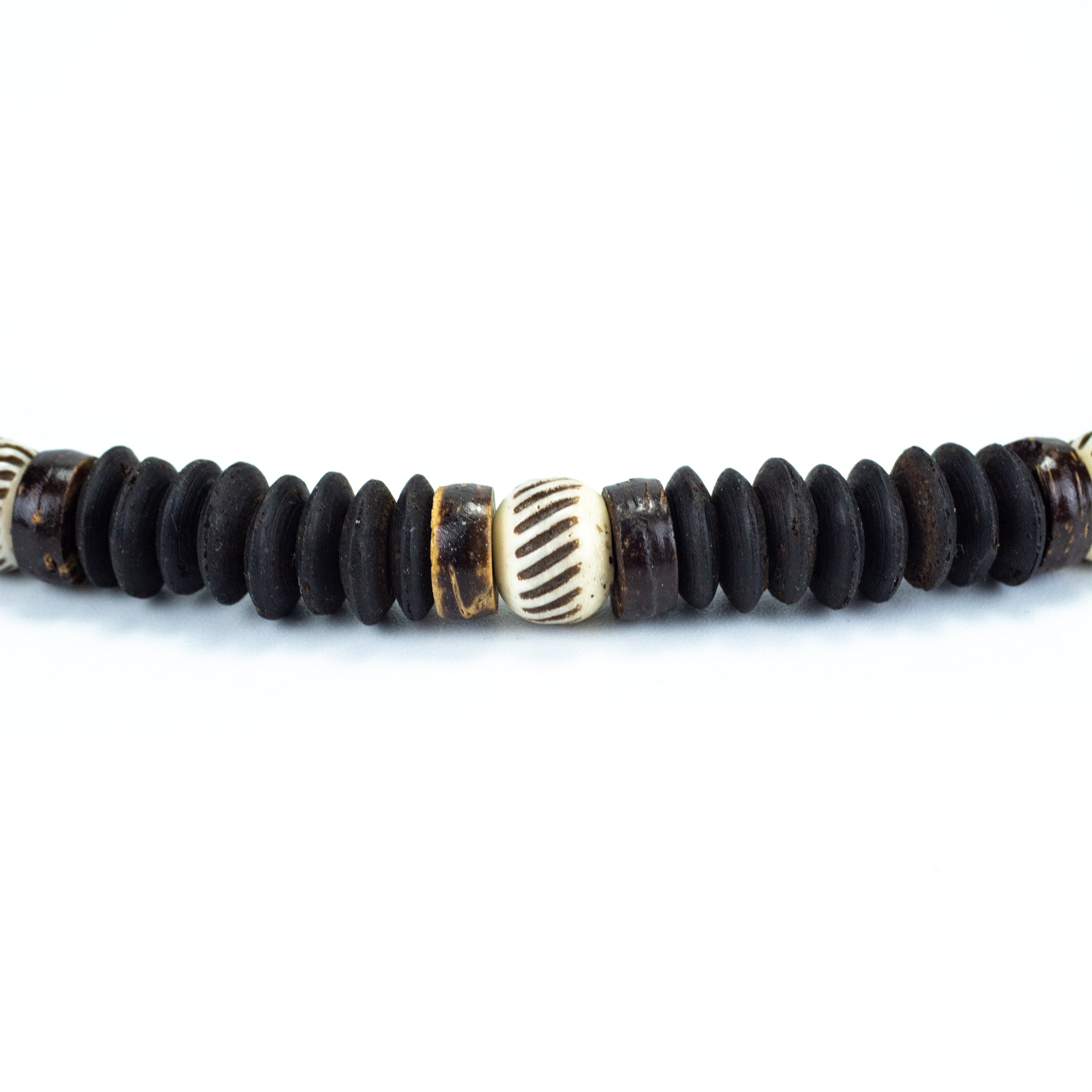 Wooden Bead and Stripe Stone Charm Necklace