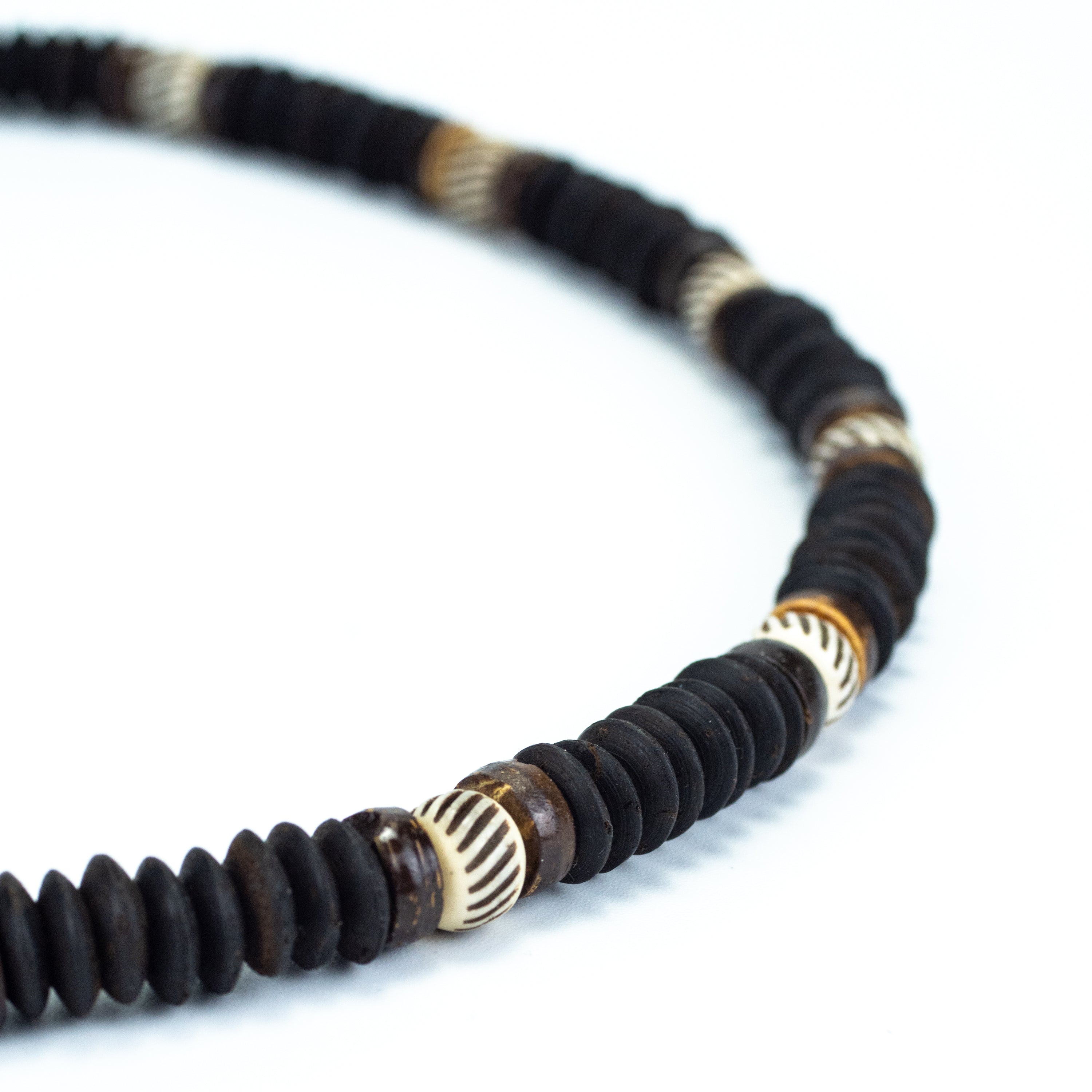 Wooden Bead and Stripe Stone Charm Necklace